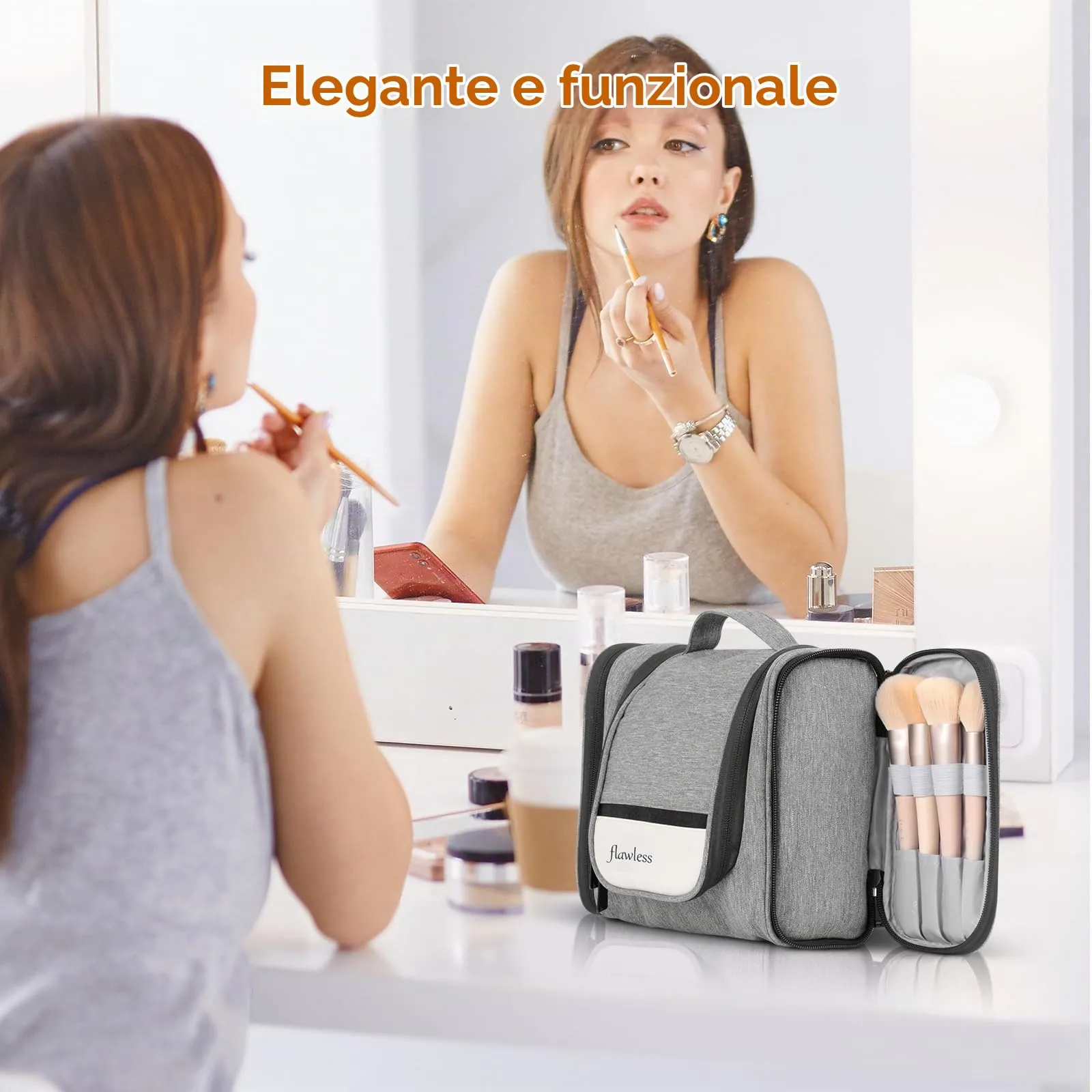 AiQInu Beauty Case da Viaggio Impermeabile con Gancio, 25 x 23 x 11 cm, Grigio-l - immagine 6