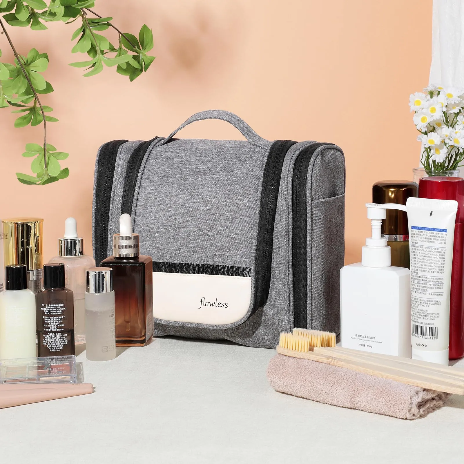 AiQInu Beauty Case da Viaggio Impermeabile con Gancio, 25 x 23 x 11 cm, Grigio-l - immagine 7