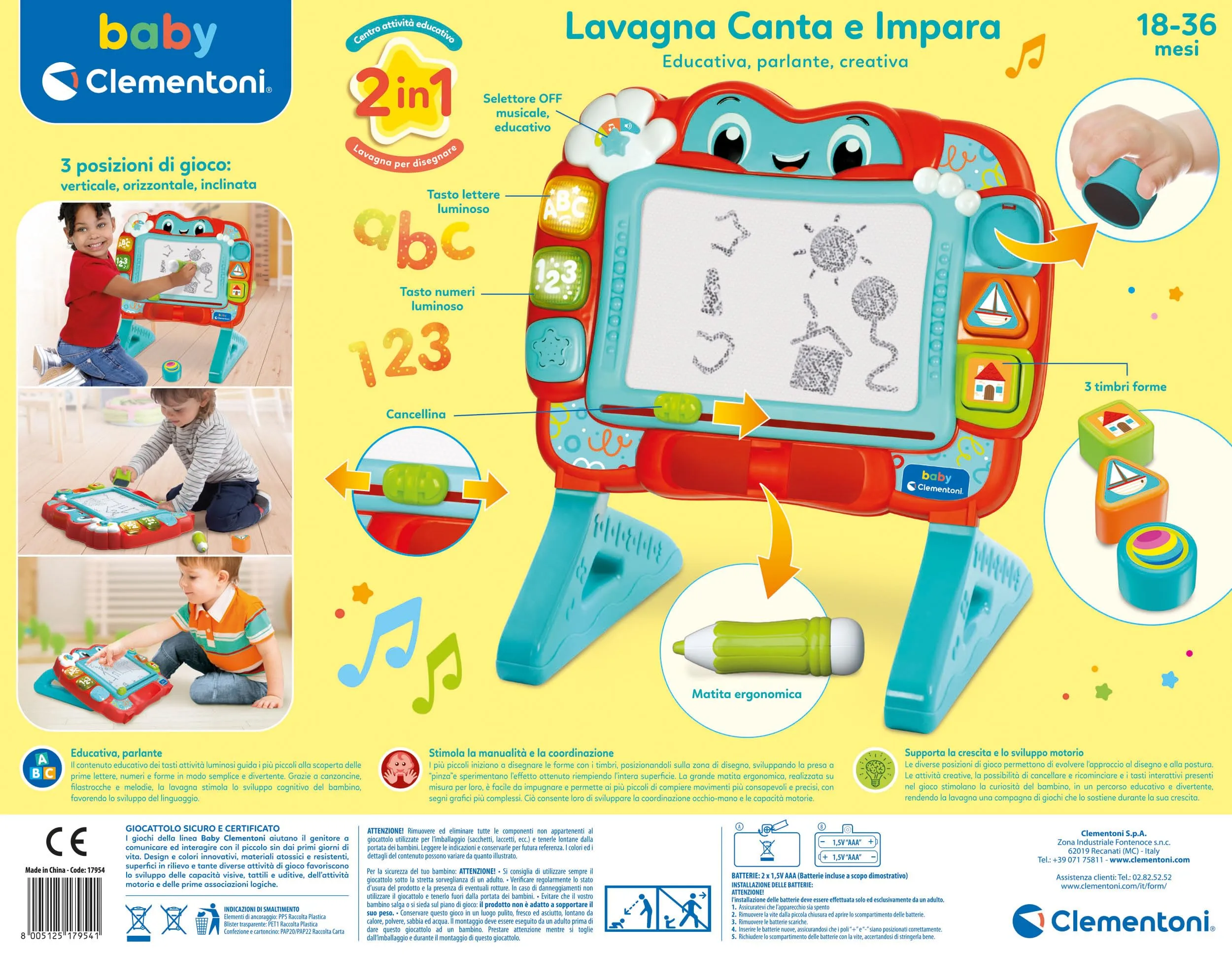 Clementoni Baby Lavagna Canta e Impara Magnetica per Bambini 18-36 Mesi, 17955 - immagine 3