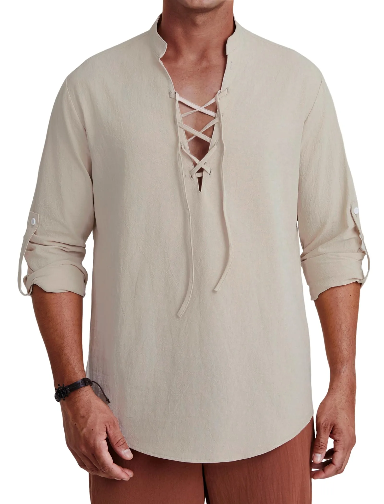 Enlision Camicia da Uomo in Cotone e Lino Medieval Vintage con Lacci, Manica Lunga, Cachi, 3XL - immagine 2