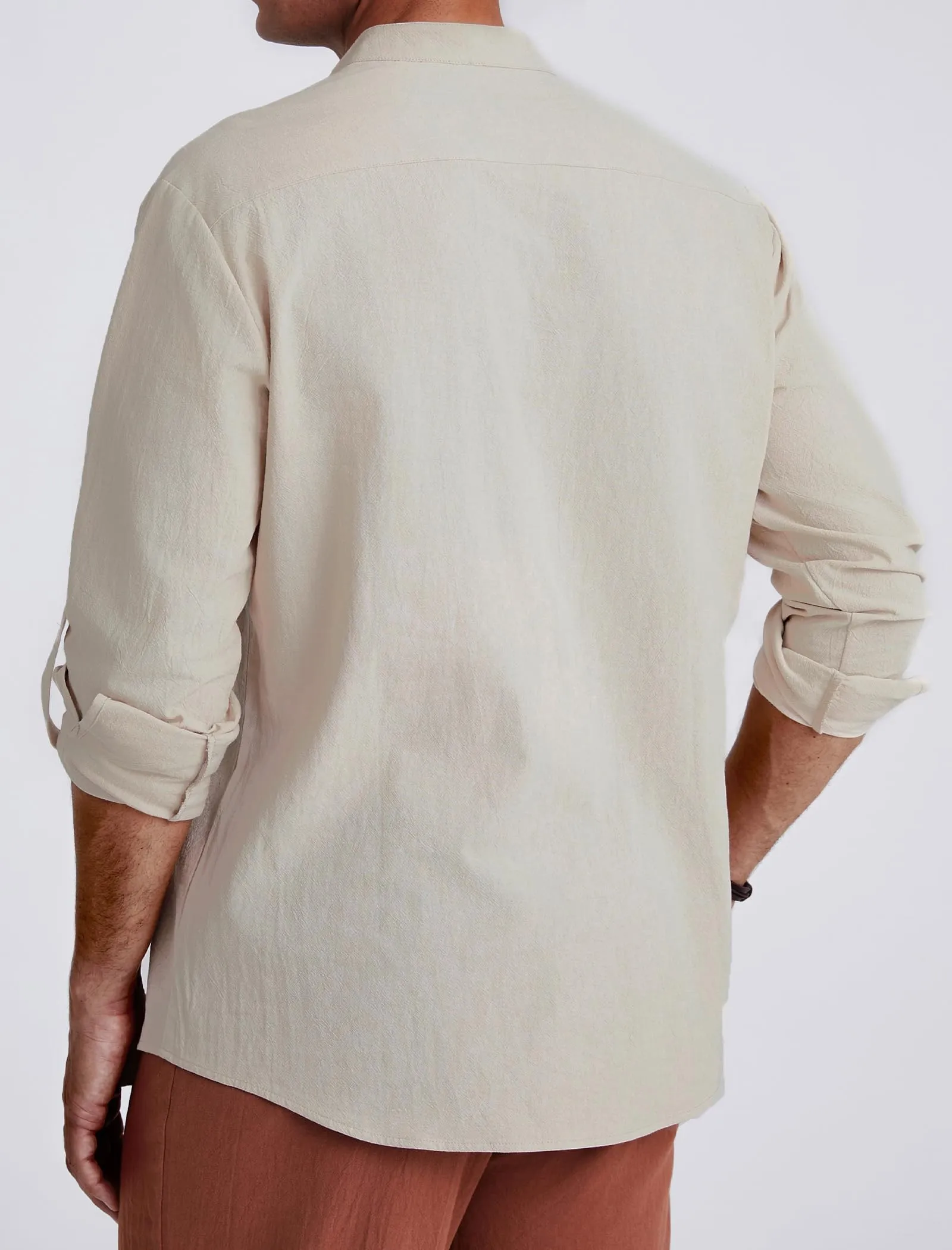 Enlision Camicia da Uomo in Cotone e Lino Medieval Vintage con Lacci, Manica Lunga, Cachi, 3XL - immagine 4