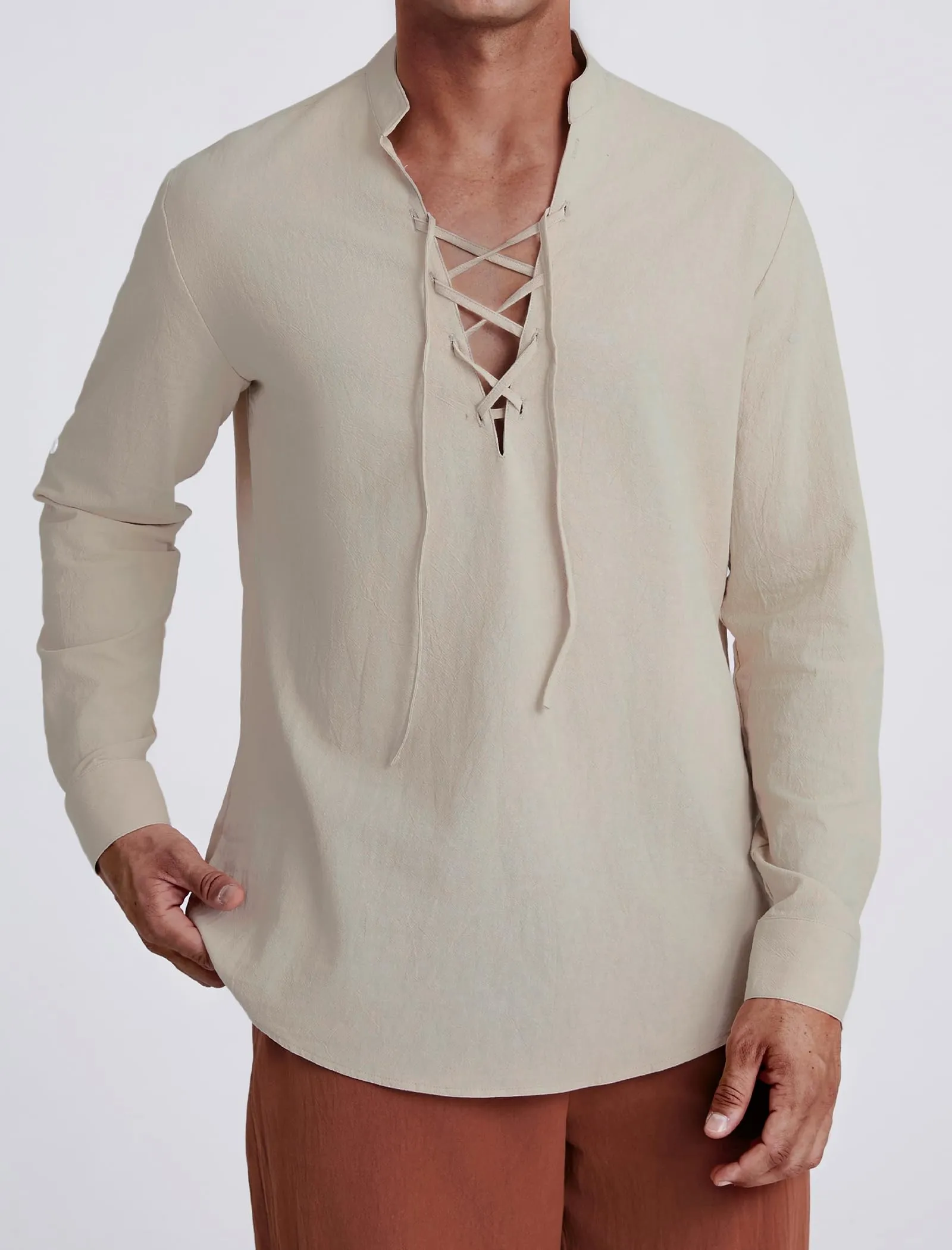 Enlision Camicia da Uomo in Cotone e Lino Medieval Vintage con Lacci, Manica Lunga, Cachi, 3XL - immagine 5