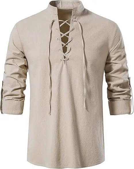 Enlision Camicia da Uomo in Cotone e Lino Medievale Vintage con Lacci, Manica Lunga, Kilt Ghillie, Cachi, M - immagine 1