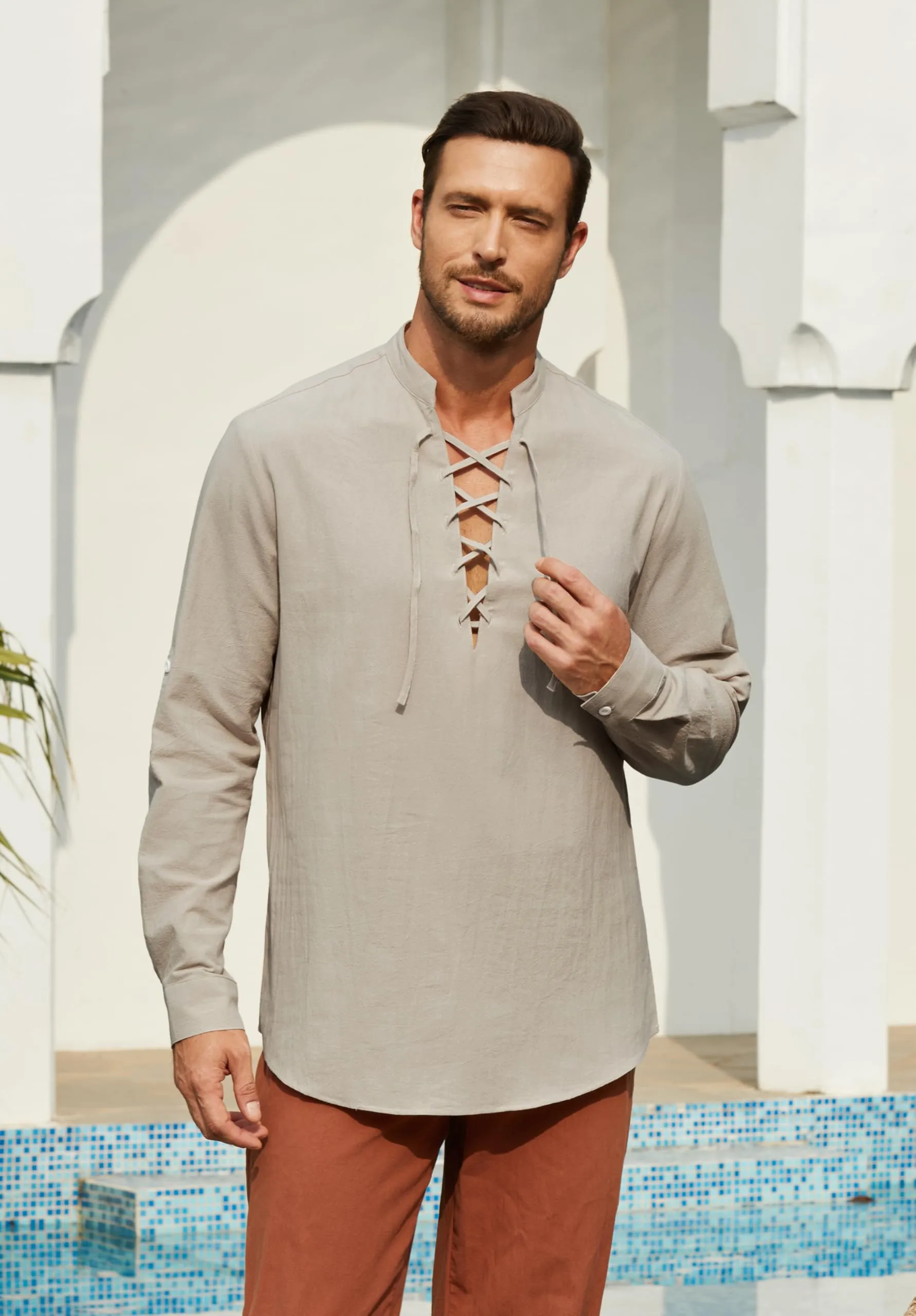 Enlision Camicia da Uomo in Cotone e Lino Medievale Vintage con Lacci, Manica Lunga, Kilt Ghillie, Cachi, M - immagine 8