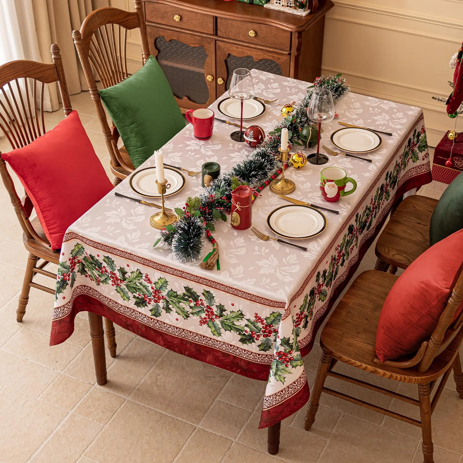 Softalker Tovaglia Rettangolare in Jacquard con Motivo Agrifoglio, Impermeabile, 152,4 x 213,4 cm - immagine 2
