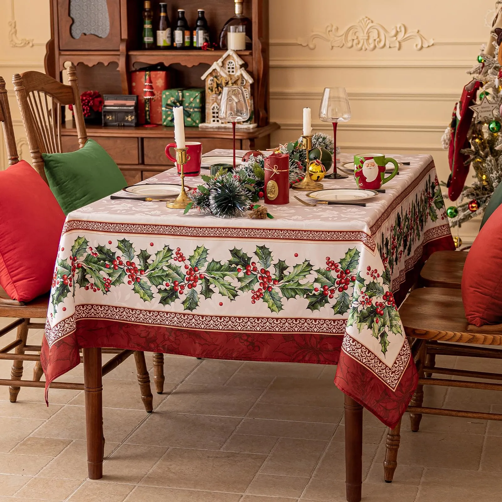 Softalker Tovaglia Rettangolare in Jacquard con Motivo Agrifoglio, Impermeabile, 152,4 x 213,4 cm - immagine 4