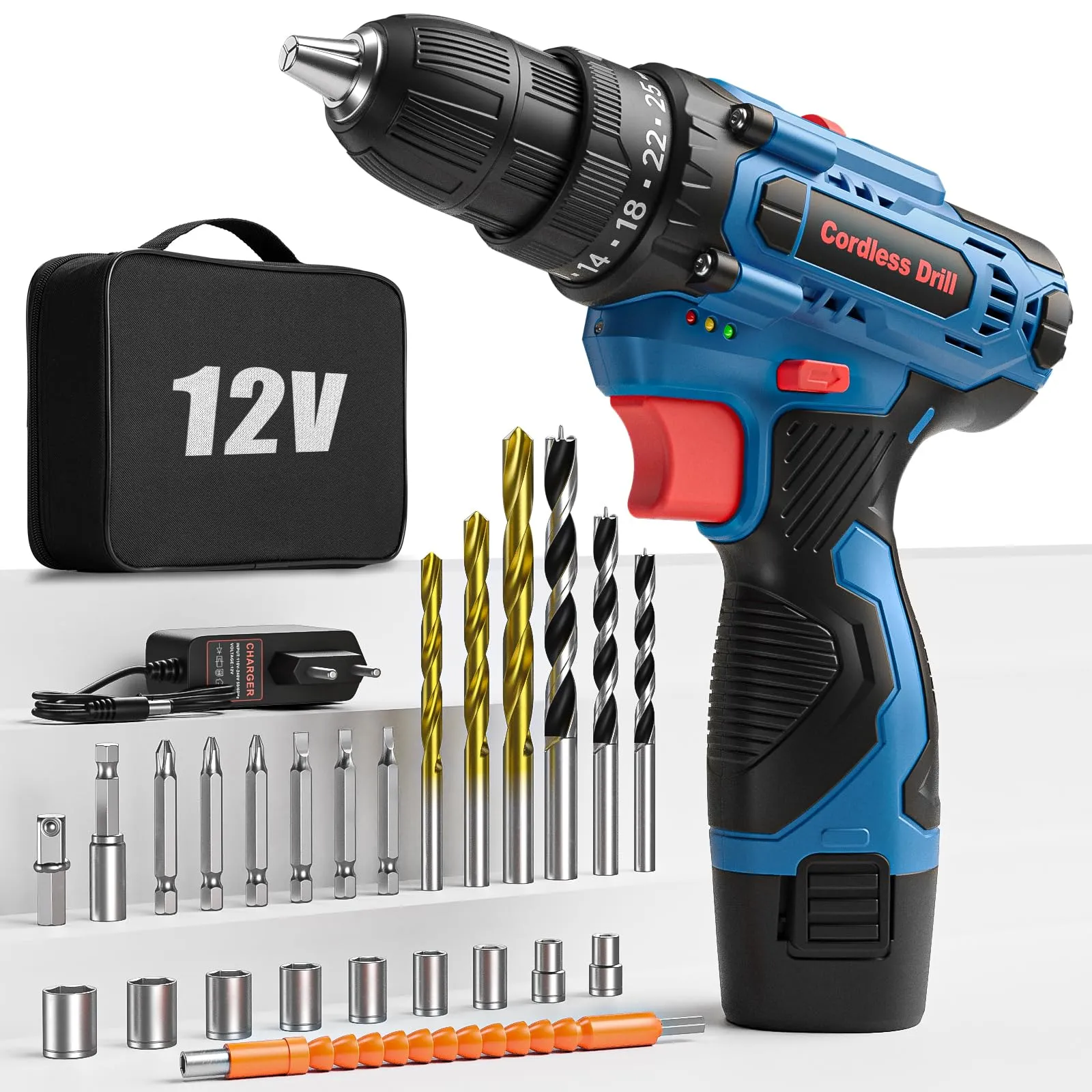 FAHEFANA Trapano Avvitatore a Batteria 12V, 25Nm, 2 Velocità, 25+1 Impostazioni Coppia, Batterie 2.0Ah, 24 Accessori e Valigia, Mandrino 10mm - immagine 1