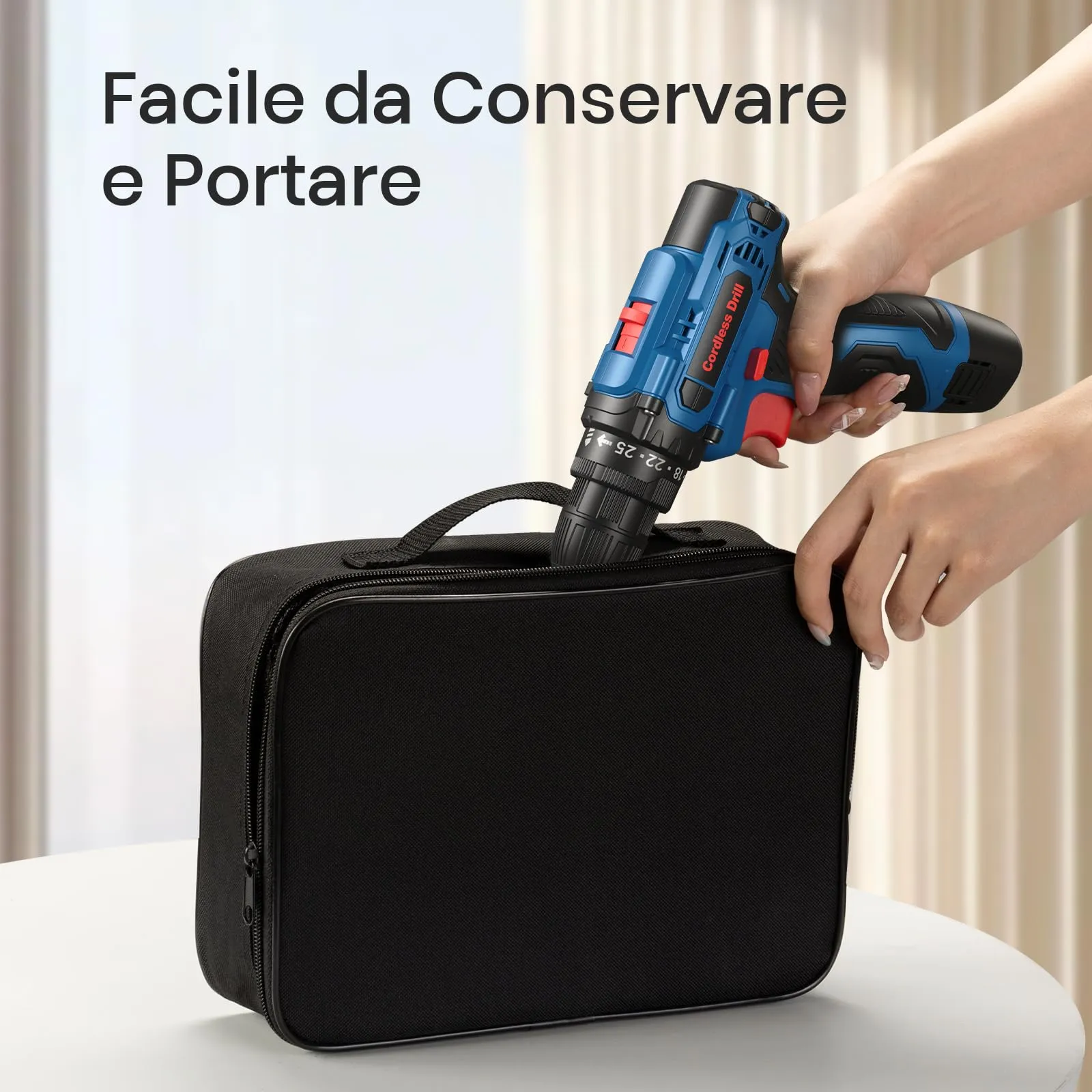 FAHEFANA Trapano Avvitatore a Batteria 12V, 25Nm, 2 Velocità, 25+1 Impostazioni Coppia, Batterie 2.0Ah, 24 Accessori e Valigia, Mandrino 10mm - immagine 3