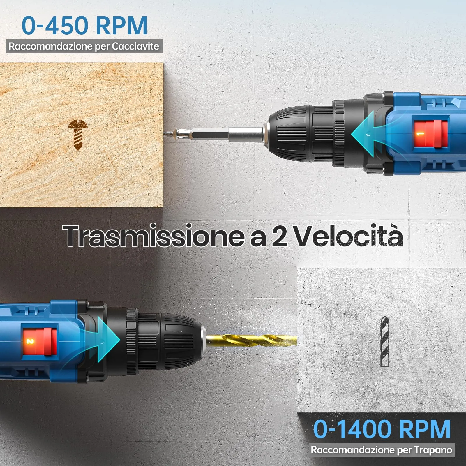 FAHEFANA Trapano Avvitatore a Batteria 12V, 25Nm, 2 Velocità, 25+1 Impostazioni Coppia, Batterie 2.0Ah, 24 Accessori e Valigia, Mandrino 10mm - immagine 4