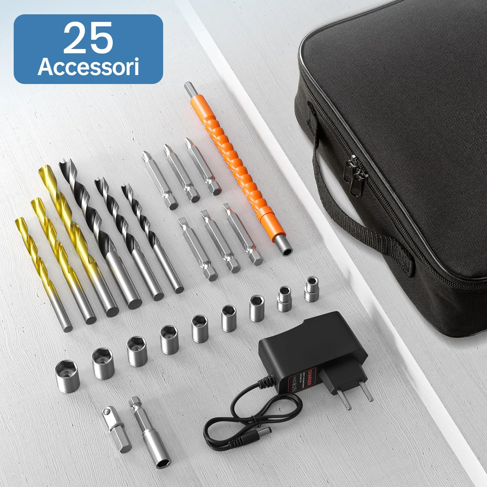 FAHEFANA Trapano Avvitatore a Batteria 12V, 25Nm, 2 Velocità, 25+1 Impostazioni Coppia, Batterie 2.0Ah, 24 Accessori e Valigia, Mandrino 10mm - immagine 7