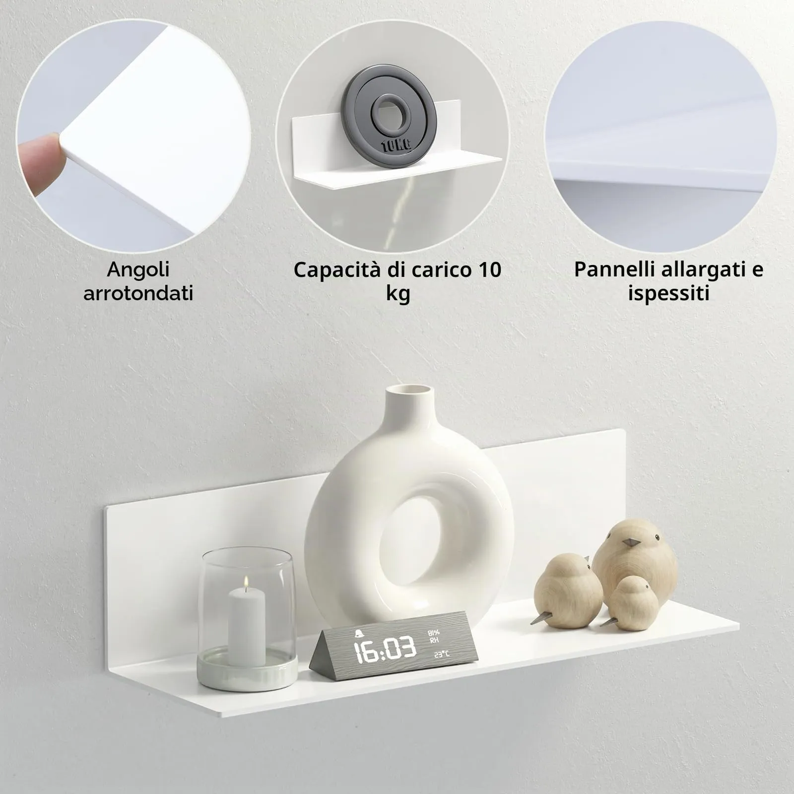 Toski Mensole da parete autoadesive in acrilico, set 2 ripiani, 40 cm, Bianco - immagine 3