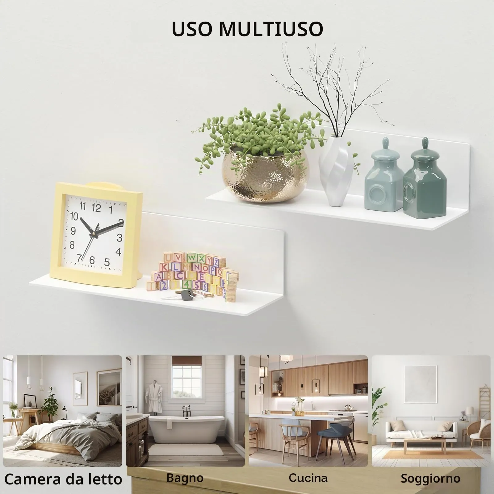 Toski Mensole da parete autoadesive in acrilico, set 2 ripiani, 40 cm, Bianco - immagine 5