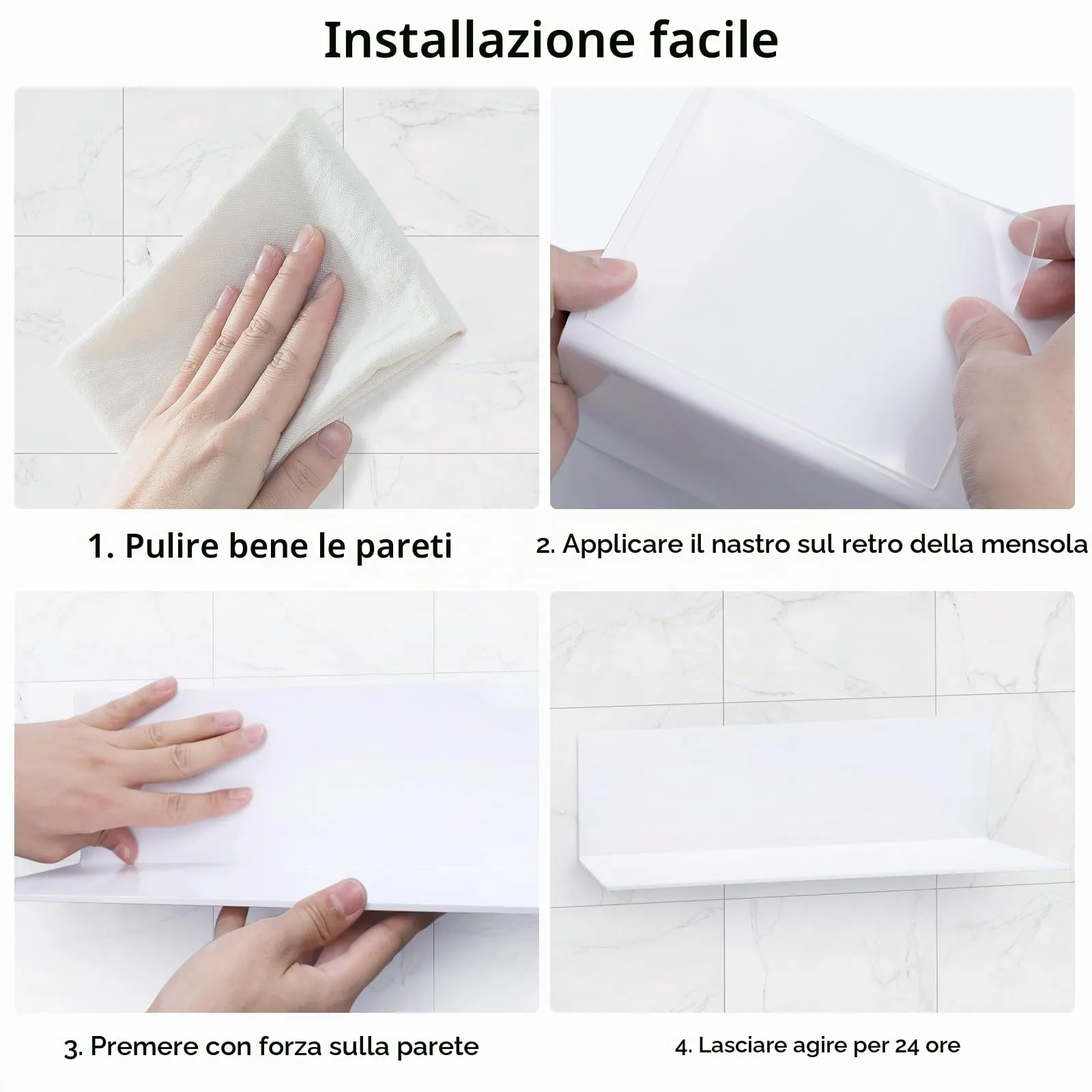 Toski Mensole da parete autoadesive in acrilico, set 2 ripiani, 40 cm, Bianco - immagine 7