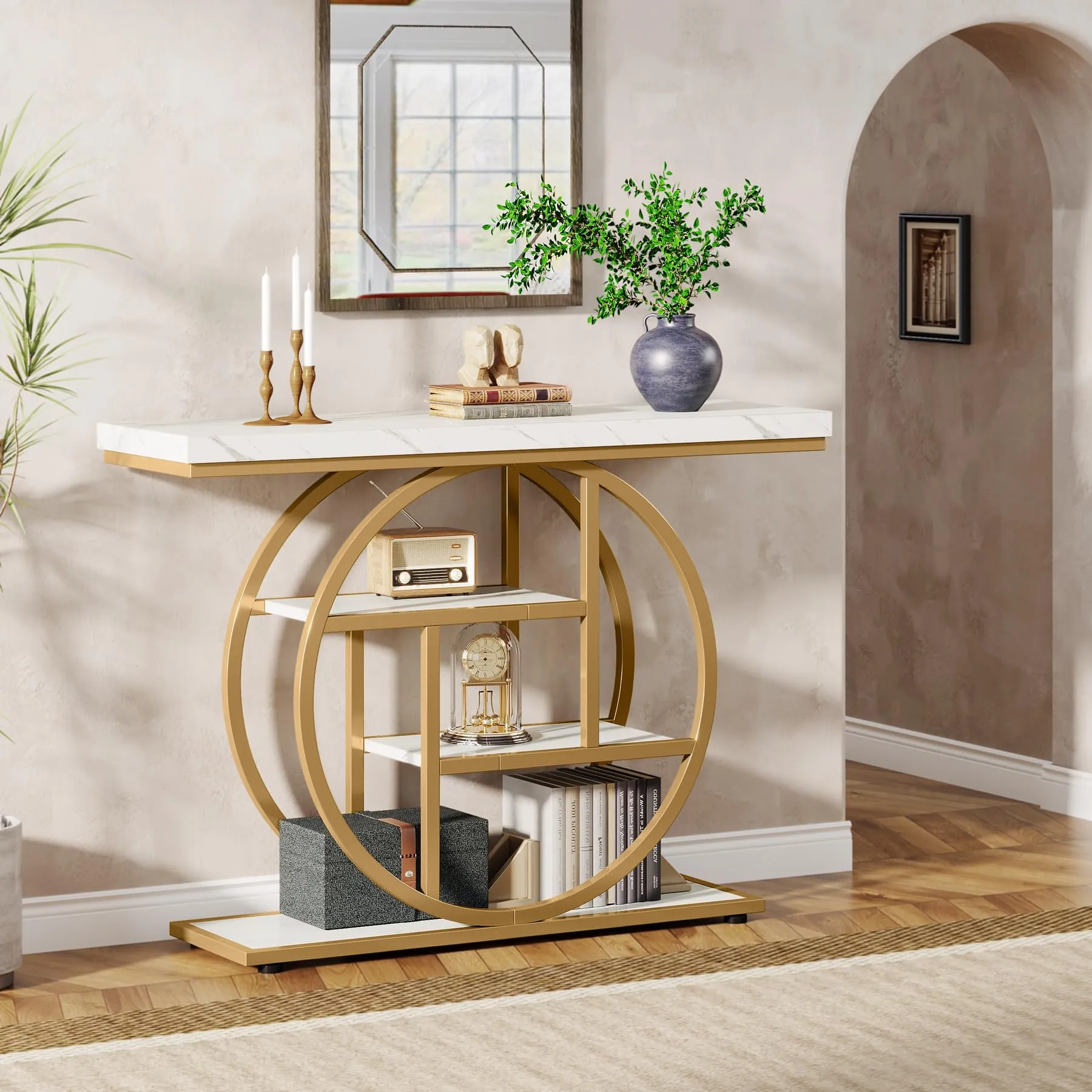 Tribesigns Tavolo consolle industriale a 4 livelli con base circolare, 104,1 cm - immagine 6