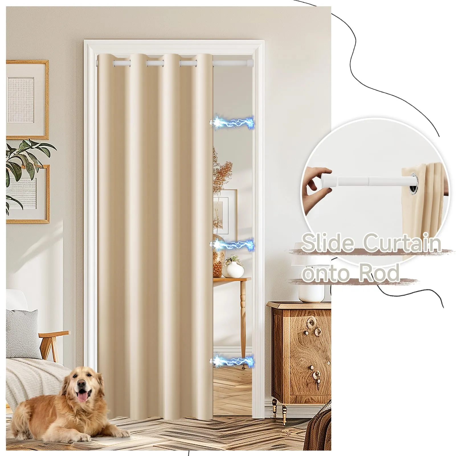 JCyh Tenda per Porta con Asta Estensibile, Termica e Oscurante, 132x210cm, Beige - immagine 5
