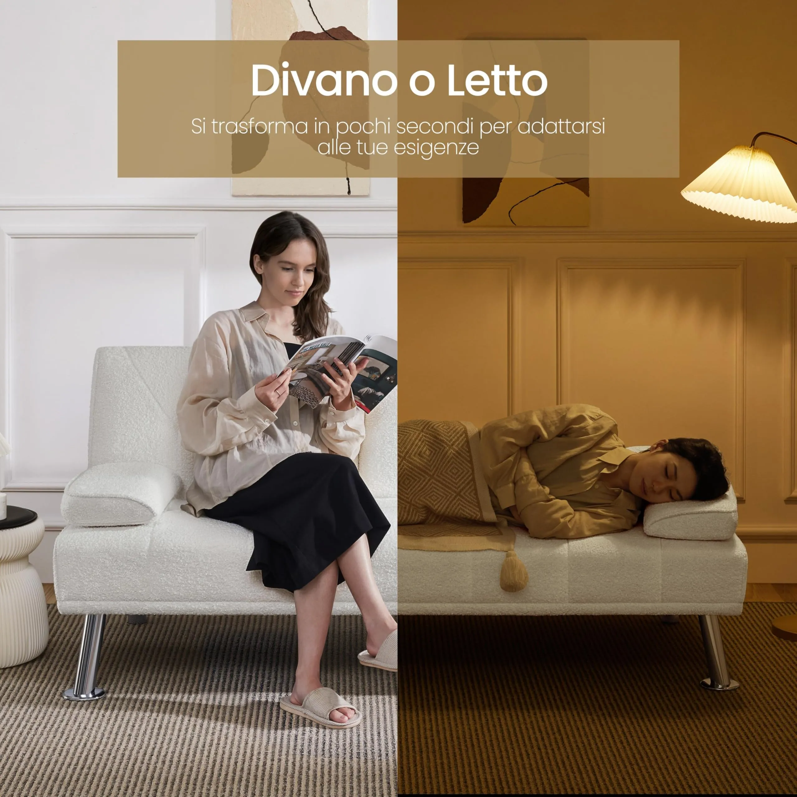 Yaheetech Divano Letto a 3 Posti Reclinabile con 2 Braccioli, Avorio - immagine 2