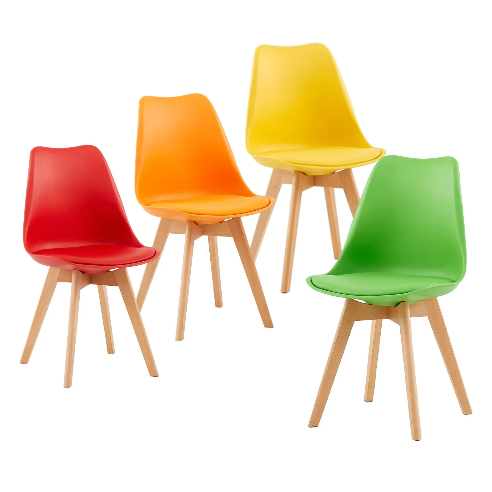 EGGREE Set di 4 Sedie da Sala da Pranzo in Faggio Massiccio e Plastica con Cuscino in PU, Giallo+Rosso+Verde+Arancio - immagine 1