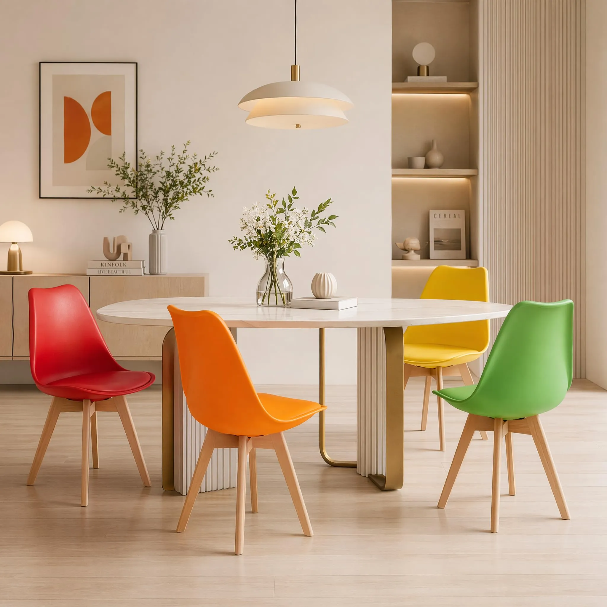 EGGREE Set di 4 Sedie da Sala da Pranzo in Faggio Massiccio e Plastica con Cuscino in PU, Giallo+Rosso+Verde+Arancio - immagine 4