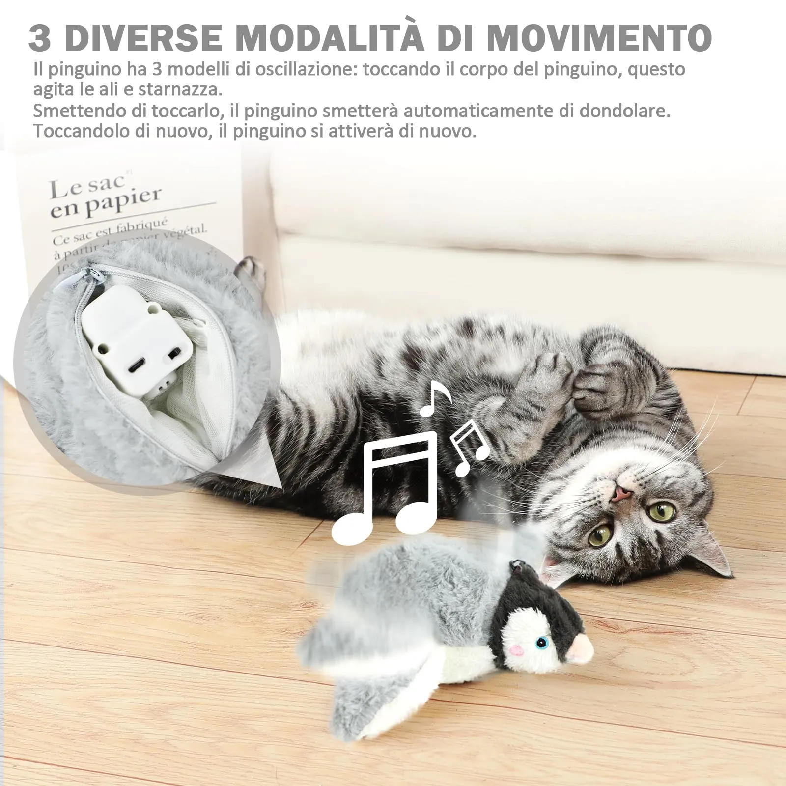 Nepfaivy Giocattolo Interattivo per Gatti a forma di Pinguino, Ricaricabile USB con Erba Gatta - immagine 4