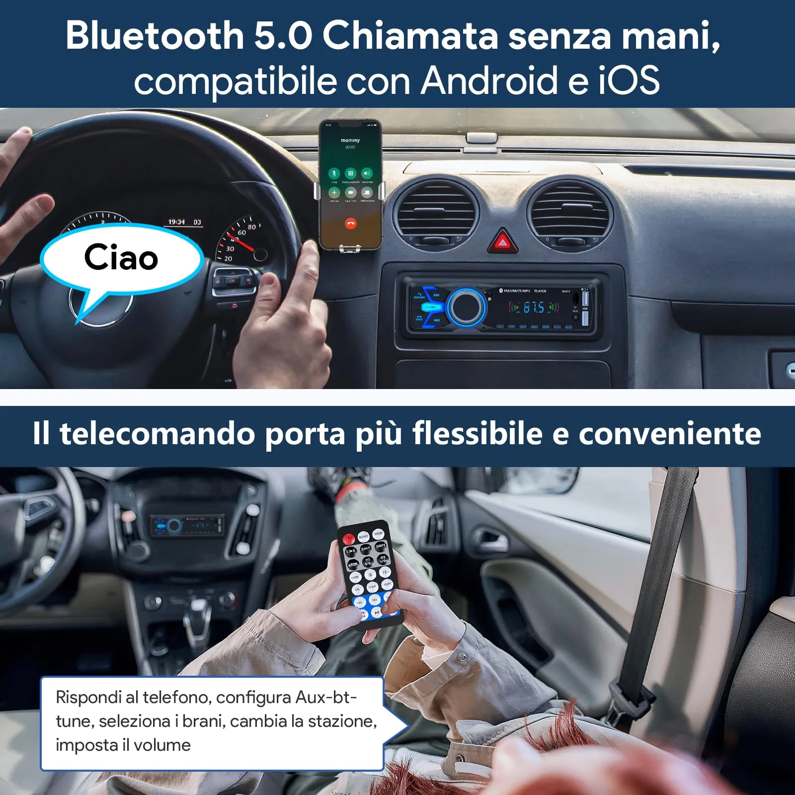 Wistrue Stereo Auto Bluetooth Autoradio 1 DIN FM Radio - immagine 2