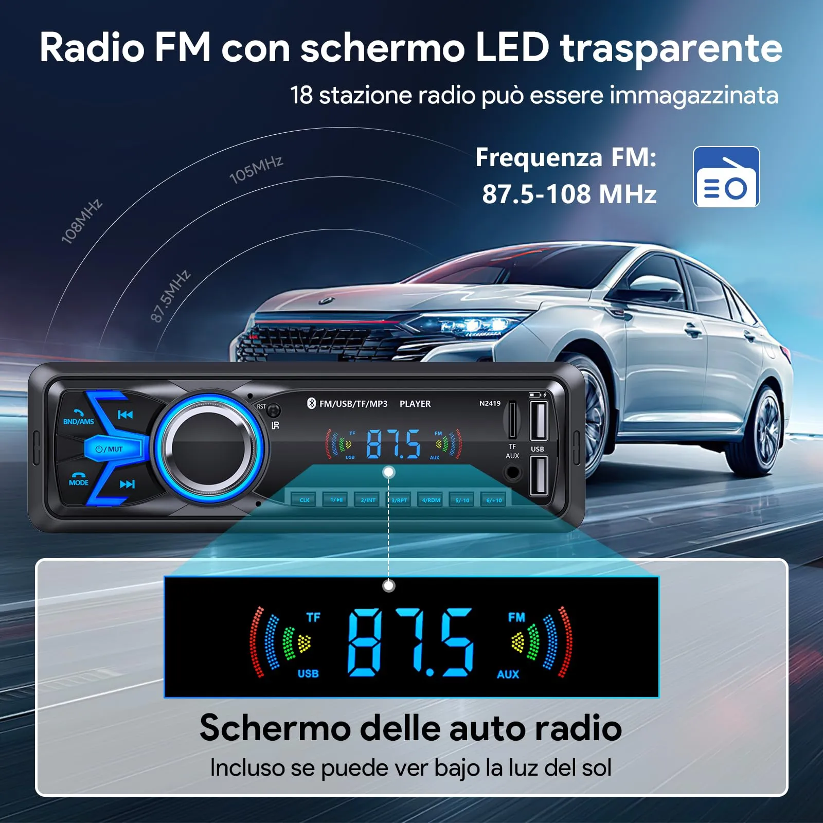 Wistrue Stereo Auto Bluetooth Autoradio 1 DIN FM Radio - immagine 3