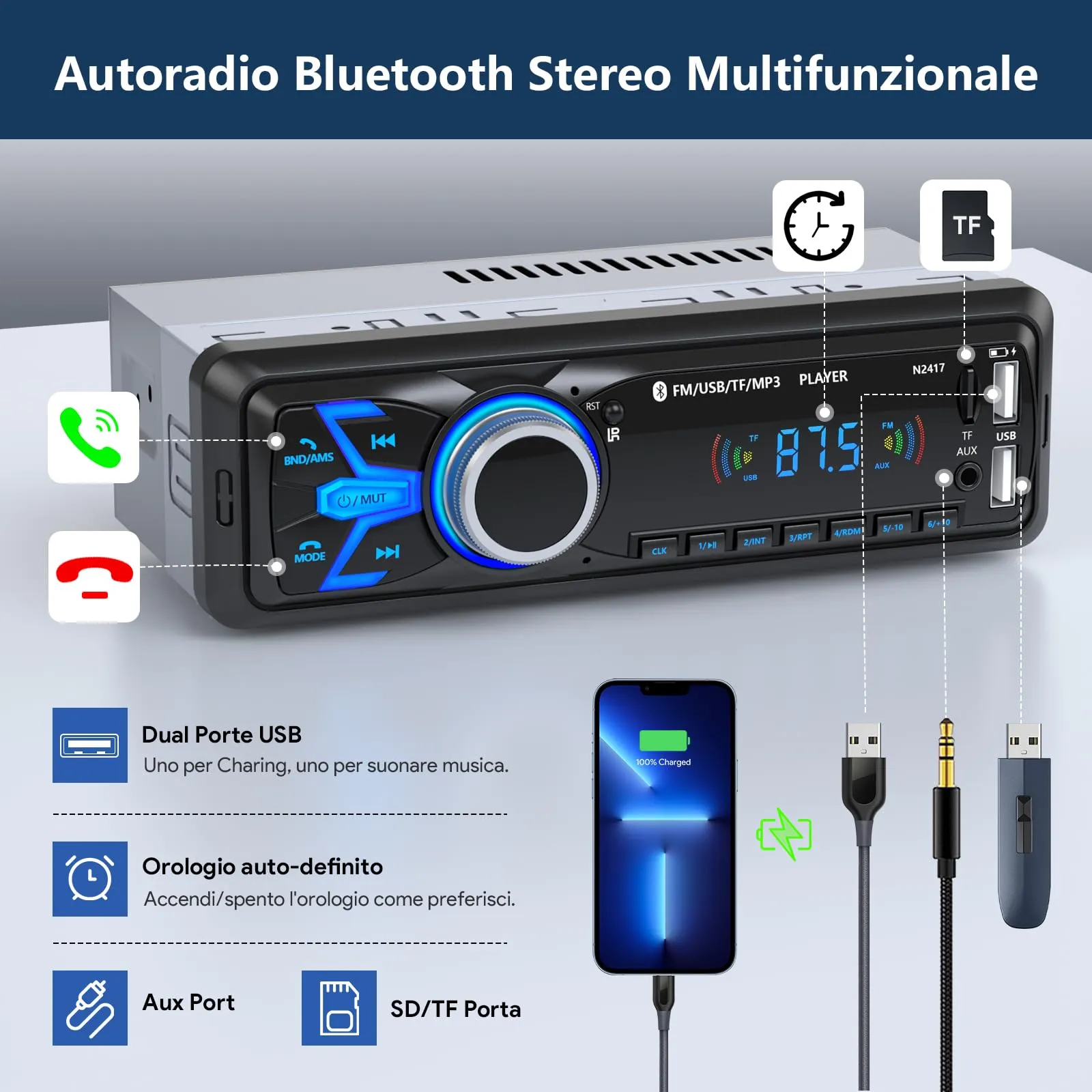 Wistrue Stereo Auto Bluetooth Autoradio 1 DIN FM Radio - immagine 4