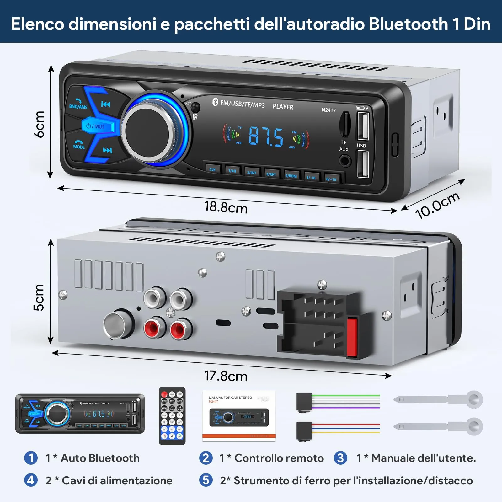 Wistrue Stereo Auto Bluetooth Autoradio 1 DIN FM Radio - immagine 7