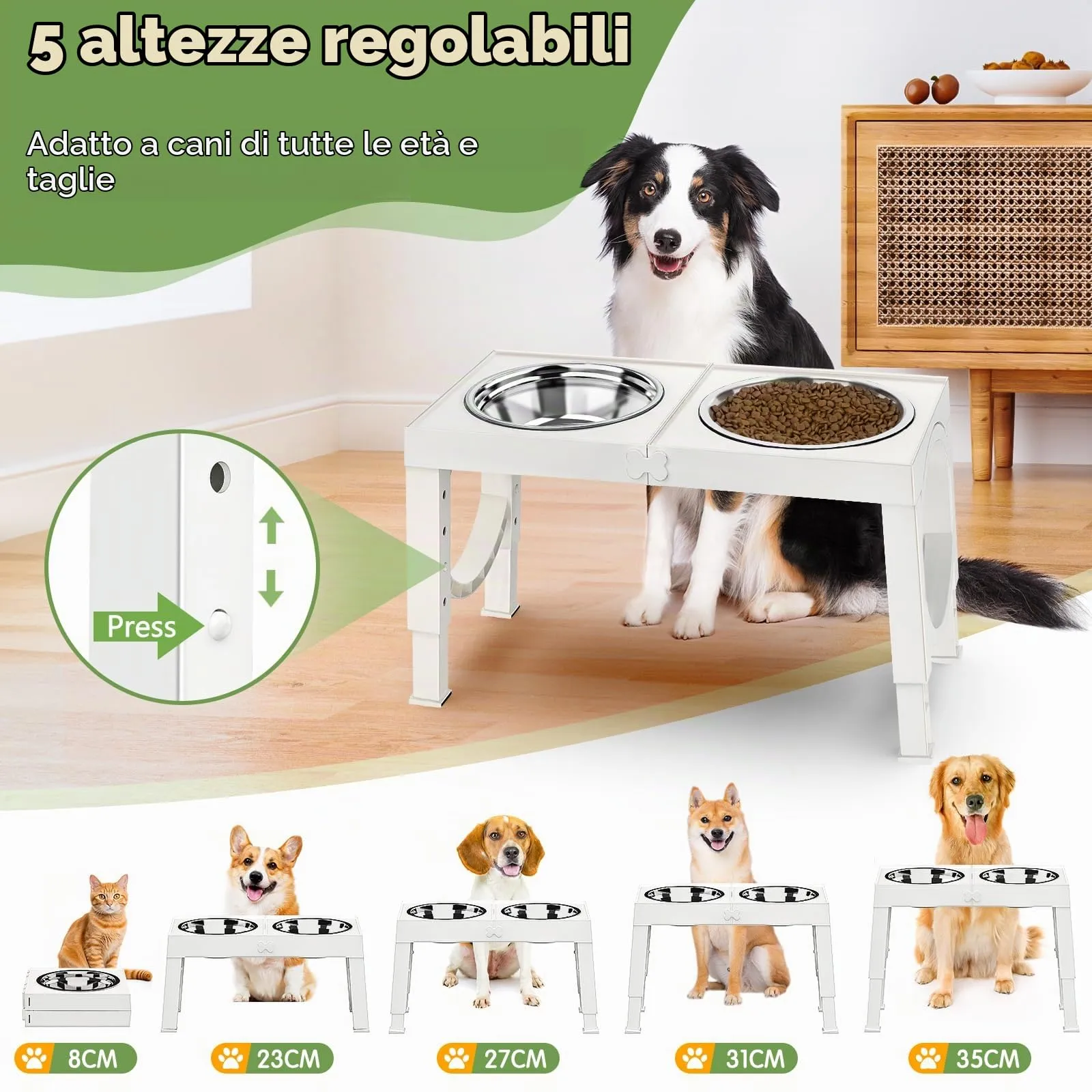 X XBEN Ciotole Rialzate per Cani, 5 Altezze Regolabili, 2 Ciotole in Acciaio Inox da 1200 ML, Pieghevole e Antiscivolo - immagine 2