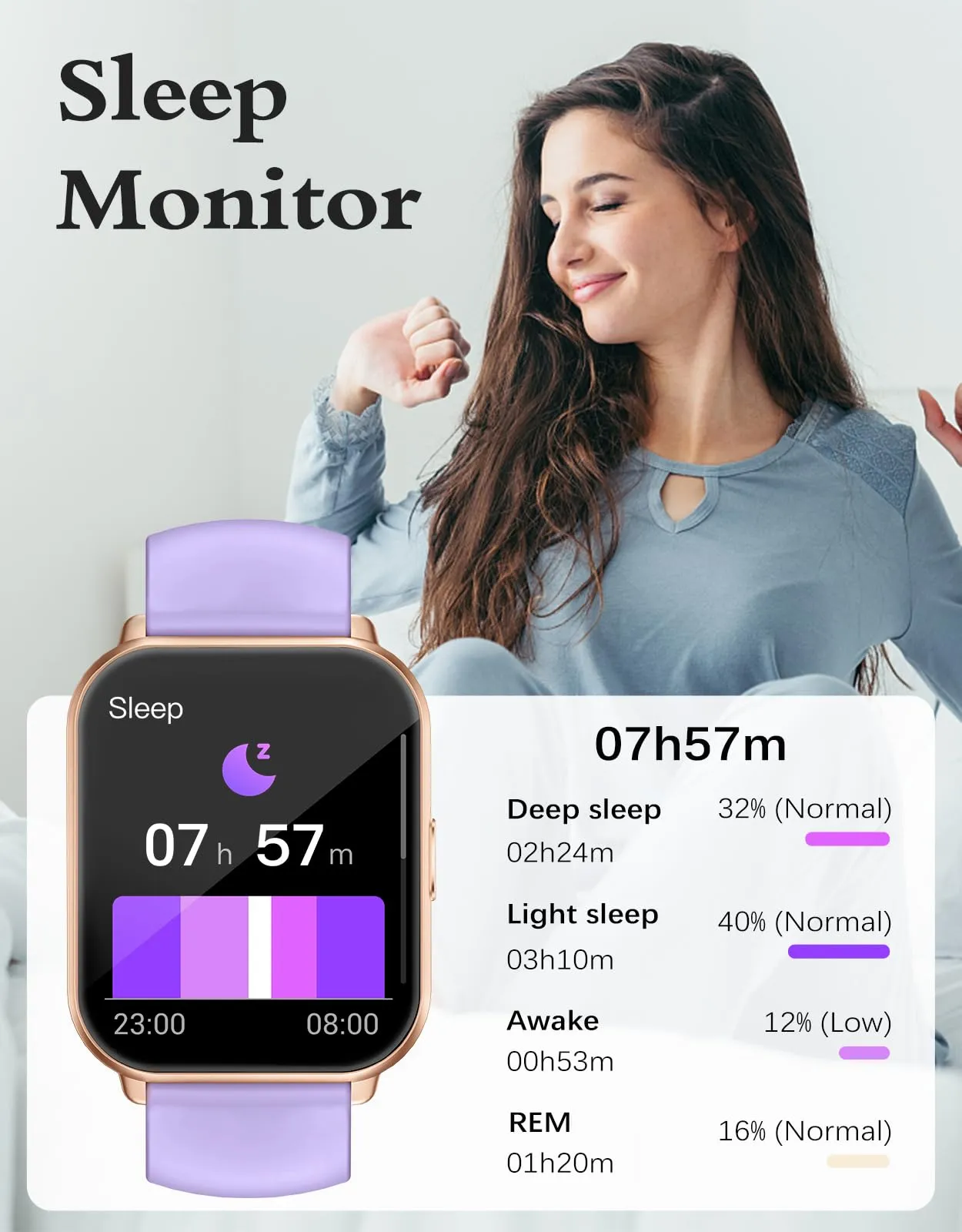 RUIMEN Smartwatch Donna Chiamate Bluetooth, AMOLED 1.83", Cardiofrequenzimetro, Saturazione Ossigeno, Monitoraggio Sonno e Ciclo Mestruale, Viola Chiaro - immagine 2