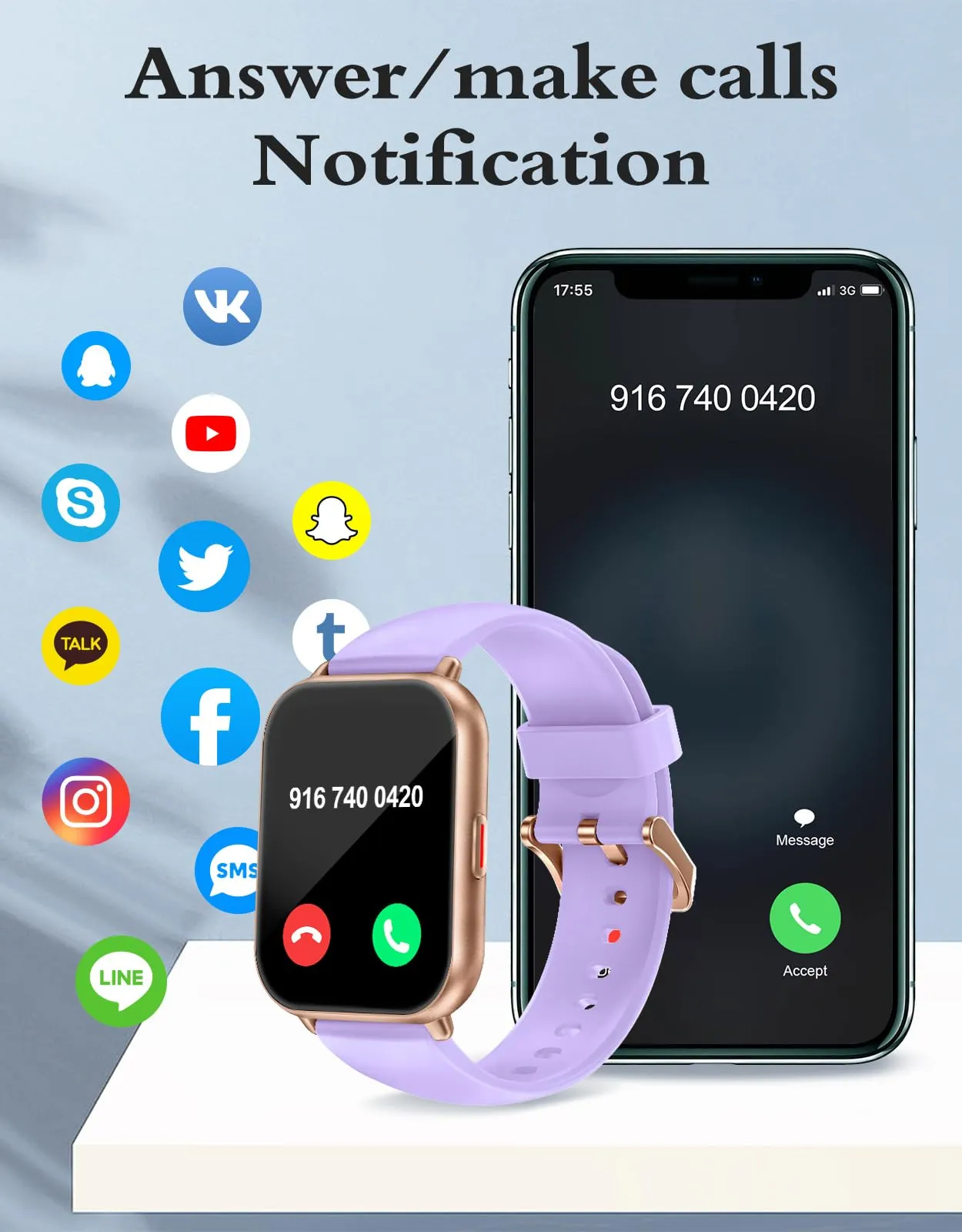 RUIMEN Smartwatch Donna Chiamate Bluetooth, AMOLED 1.83", Cardiofrequenzimetro, Saturazione Ossigeno, Monitoraggio Sonno e Ciclo Mestruale, Viola Chiaro - immagine 6