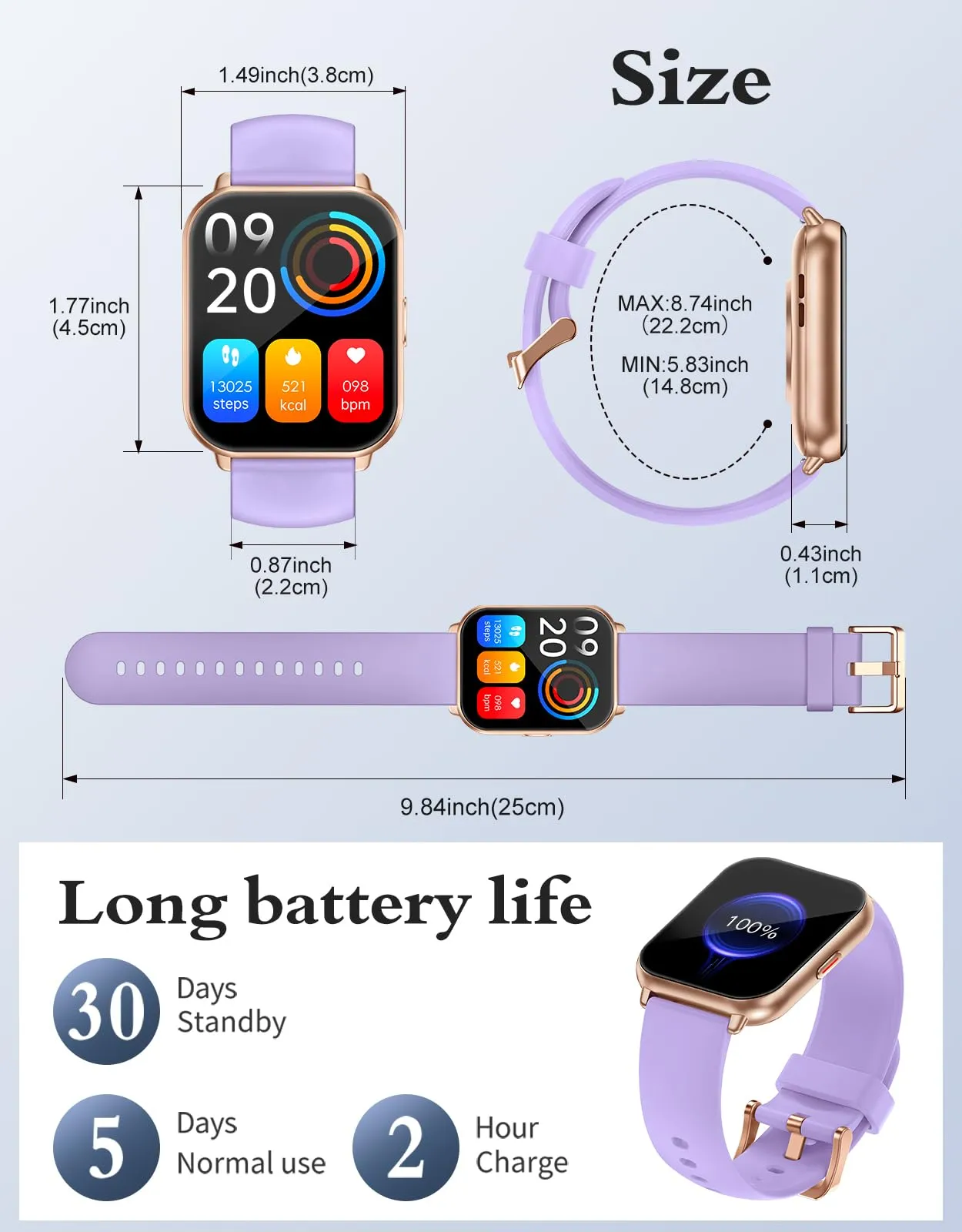 RUIMEN Smartwatch Donna Chiamate Bluetooth, AMOLED 1.83", Cardiofrequenzimetro, Saturazione Ossigeno, Monitoraggio Sonno e Ciclo Mestruale, Viola Chiaro - immagine 7