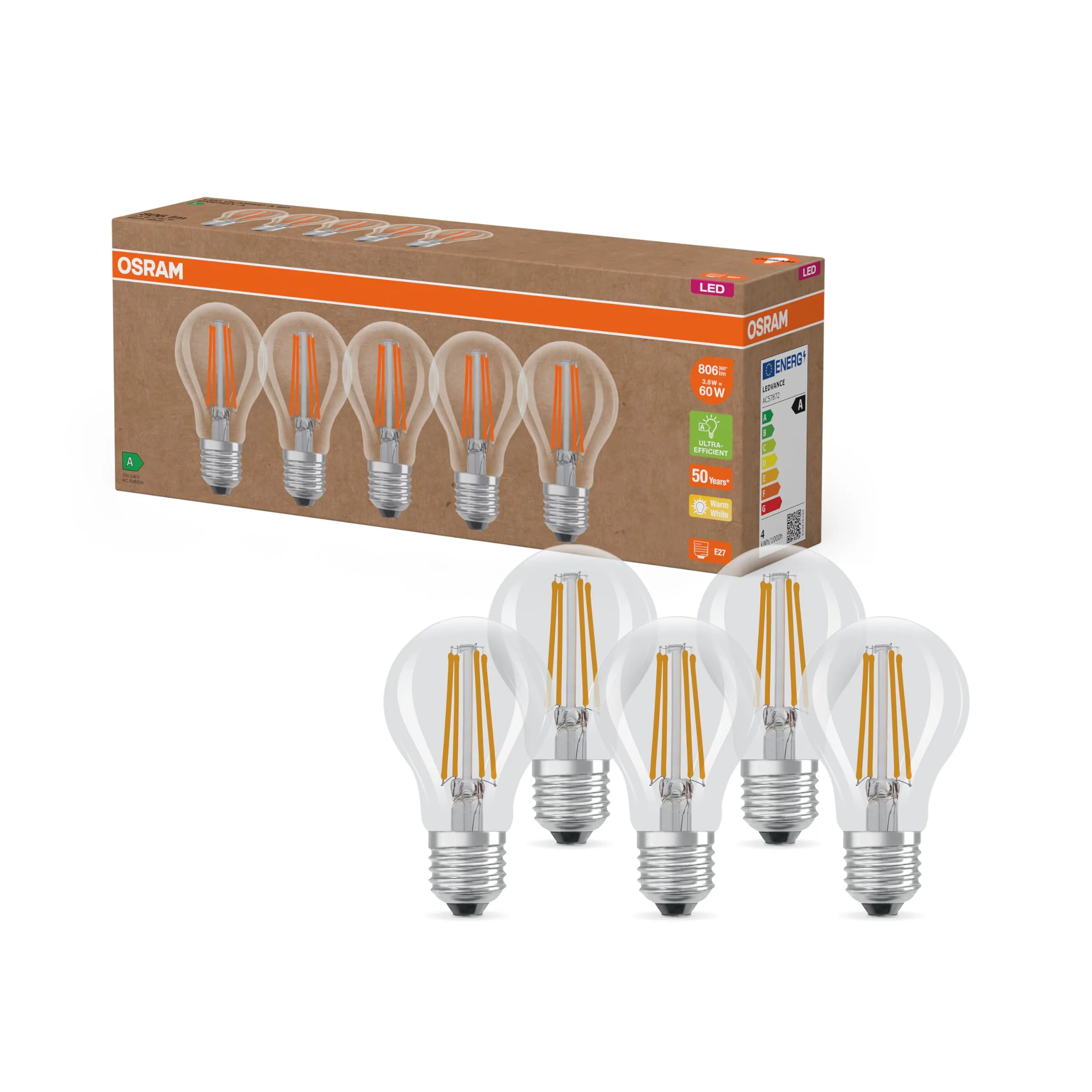 OSRAM Lampade LED E27 Vetro a Filamento, Sostituzione 60W, Bianco Caldo (2700K), Confezione da 5 Pezzi - immagine 1