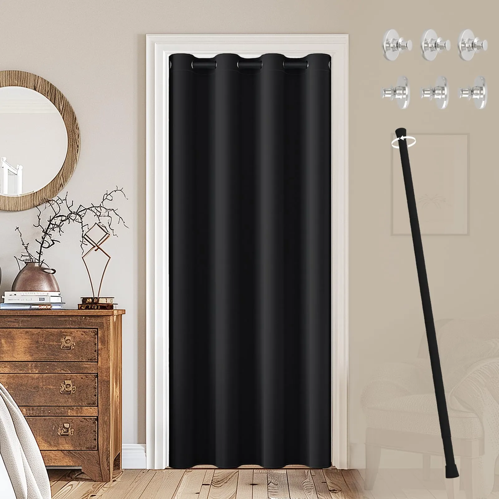 JCyh Tenda Oscurante da Interno con Bastone, 1 Pezzo Nero 132x210cm, Termica e Isolante - immagine 1
