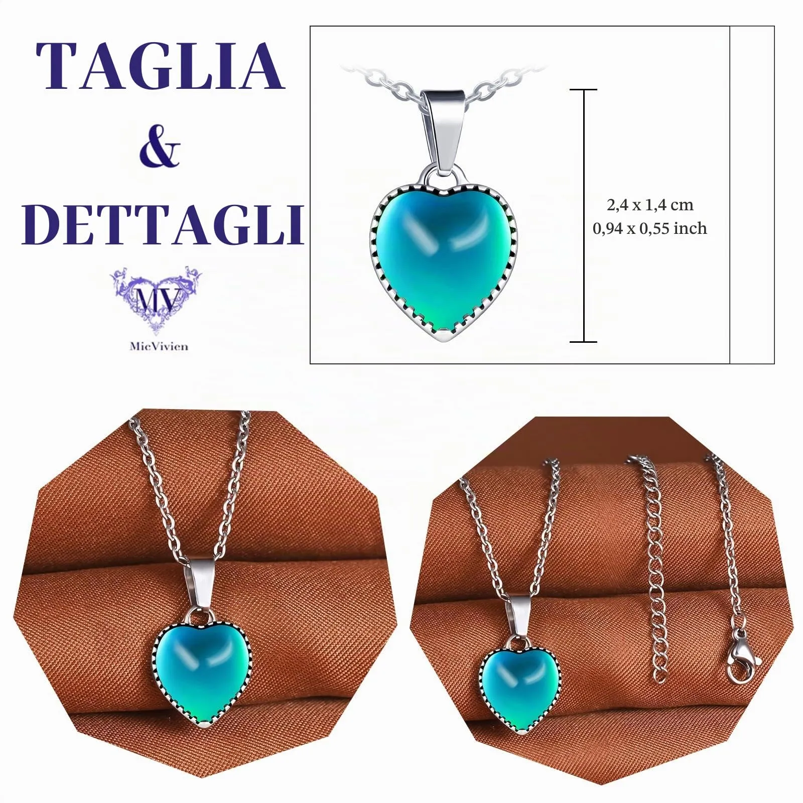 MicVivien Collana Emozioni con Ciondolo Cuore Cambia Colore in Acciaio Inox - immagine 2