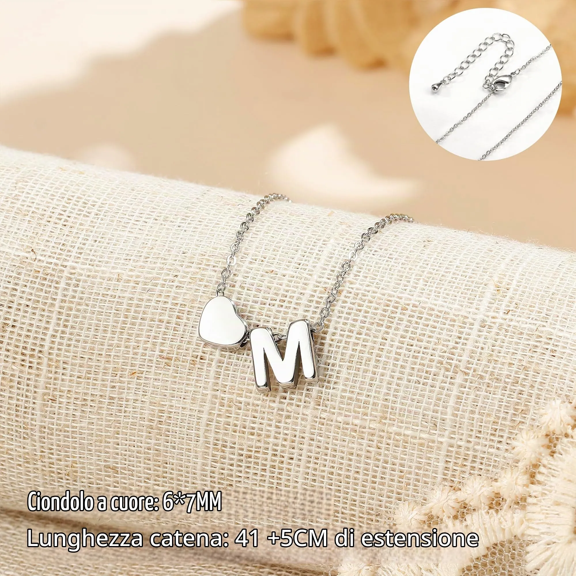 LOLIAS Collana Personalizzata Donna con Ciondolo Cuore Iniziale in Acciaio Inossidabile, Argento, 41 cm - immagine 3