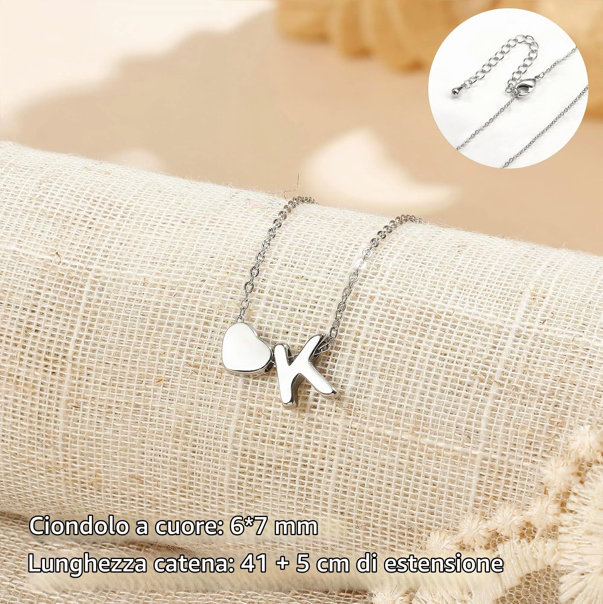 LOLIAS Collana Personalizzata Donna con Ciondolo Cuore Iniziale in Acciaio Inossidabile, Argento, 41 cm - immagine 3