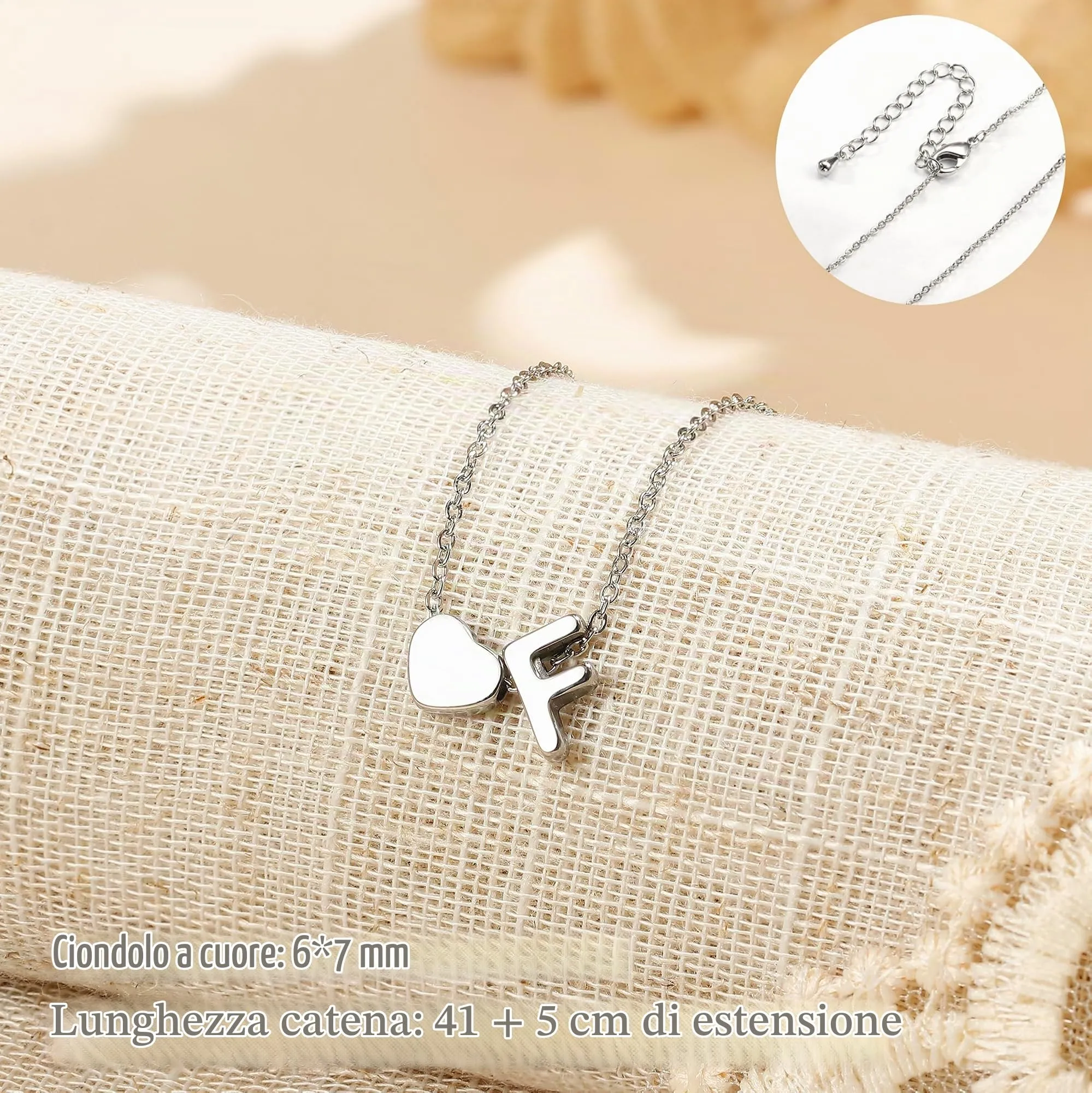 LOLIAS Collana Personalizzata Donna con Ciondolo Cuore Iniziale in Acciaio Inossidabile, Argento, 41 cm - immagine 3