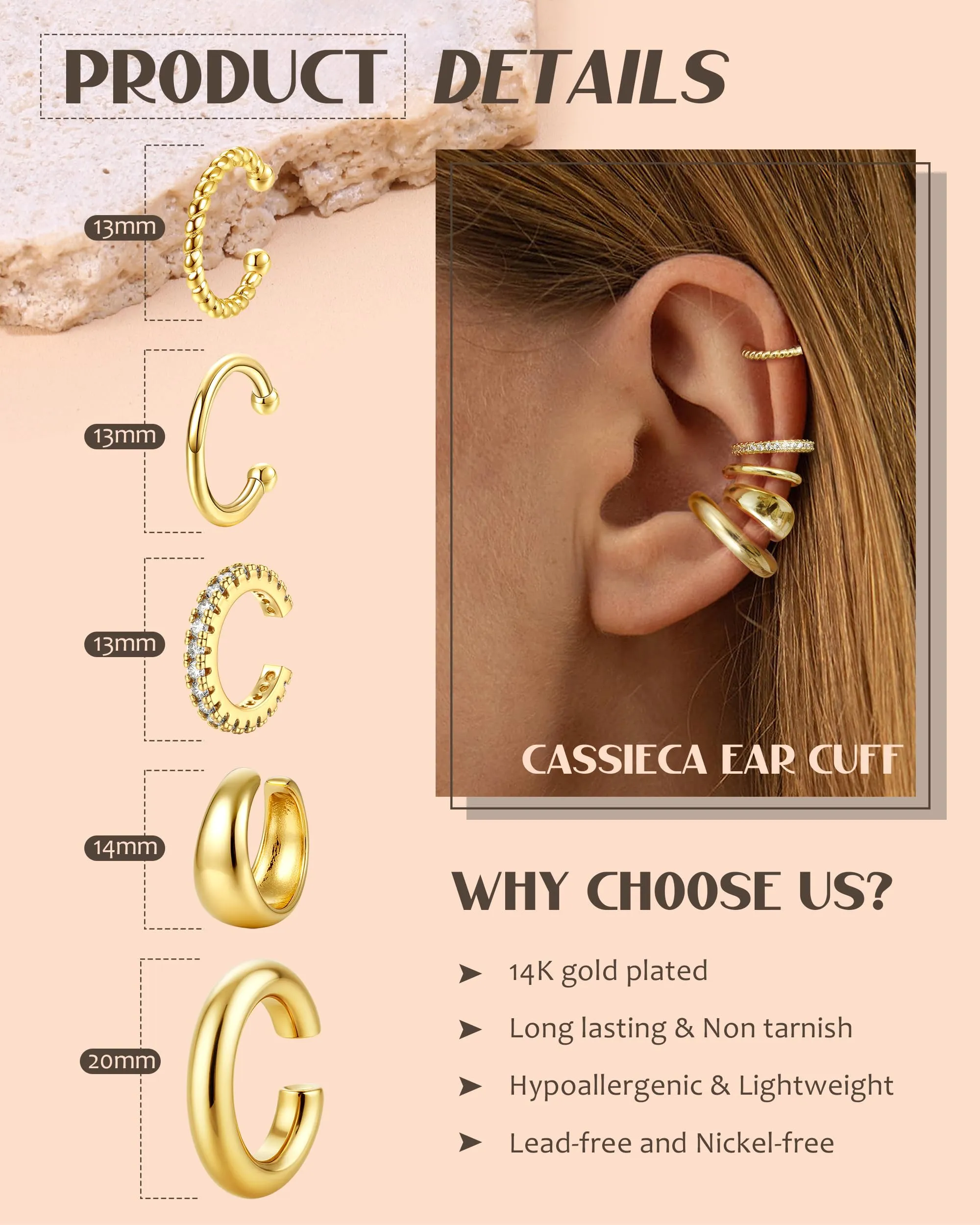 CASSIECA Ear Cuff Orecchini Non Piercing per Donna, Set 5 Pezzi Ipoallergenici per Cartilagine con Zirconi Cubici, Oro - immagine 2