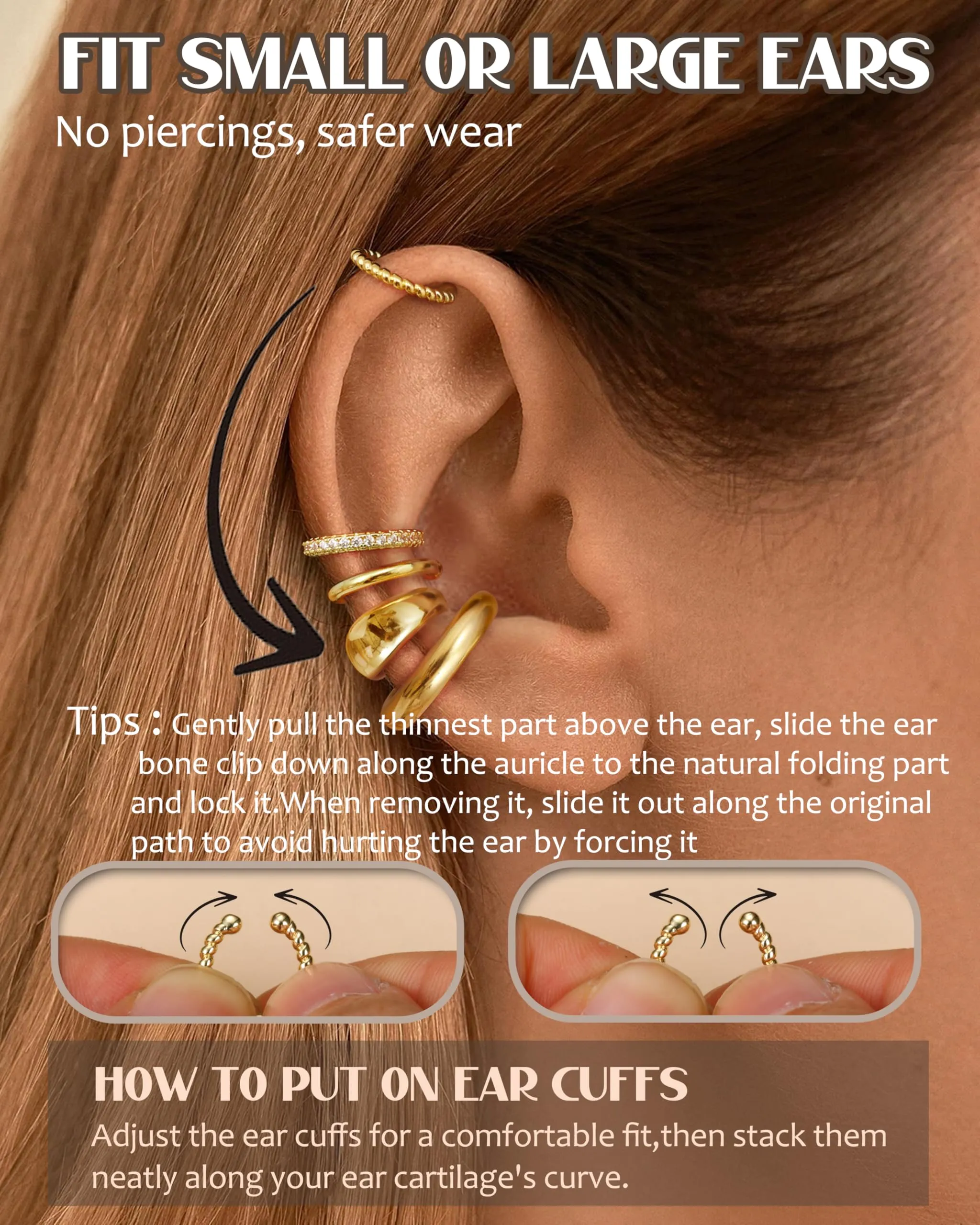 CASSIECA Ear Cuff Orecchini Non Piercing per Donna, Set 5 Pezzi Ipoallergenici per Cartilagine con Zirconi Cubici, Oro - immagine 3