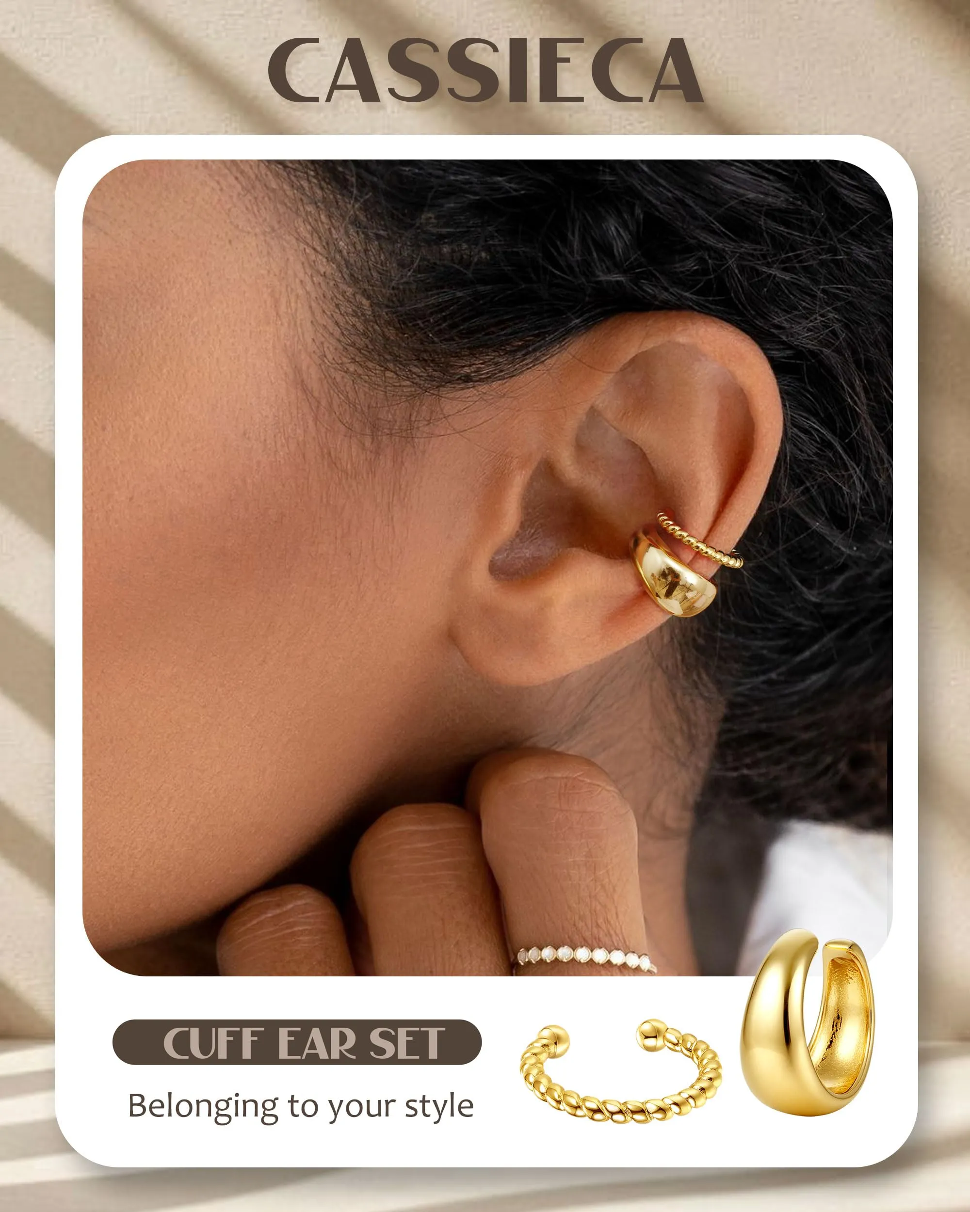 CASSIECA Ear Cuff Orecchini Non Piercing per Donna, Set 5 Pezzi Ipoallergenici per Cartilagine con Zirconi Cubici, Oro - immagine 4