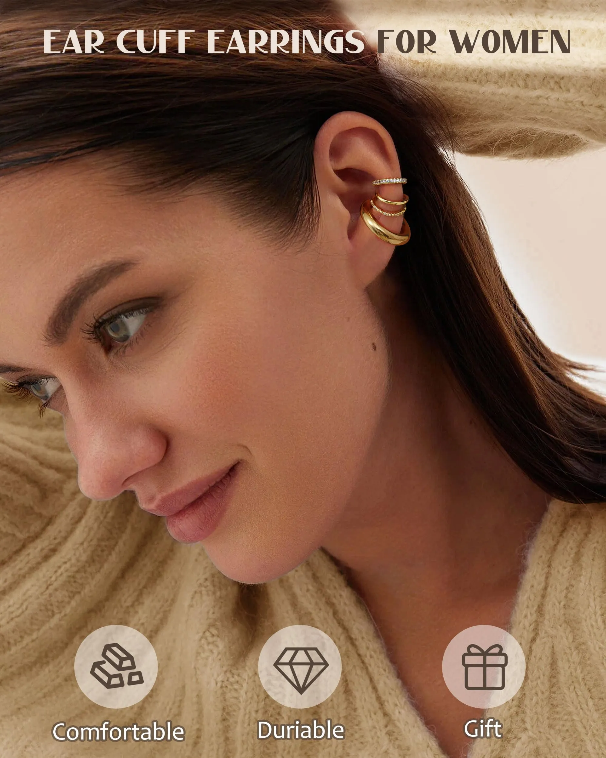 CASSIECA Ear Cuff Orecchini Non Piercing per Donna, Set 5 Pezzi Ipoallergenici per Cartilagine con Zirconi Cubici, Oro - immagine 5