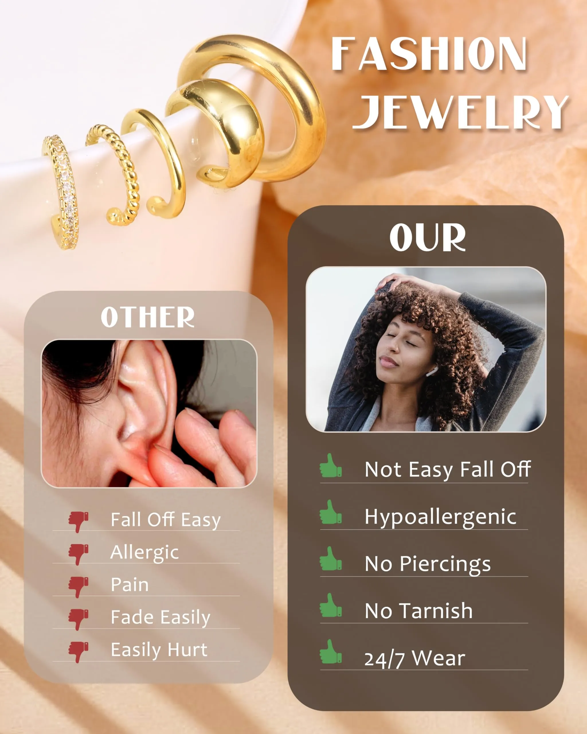 CASSIECA Ear Cuff Orecchini Non Piercing per Donna, Set 5 Pezzi Ipoallergenici per Cartilagine con Zirconi Cubici, Oro - immagine 6
