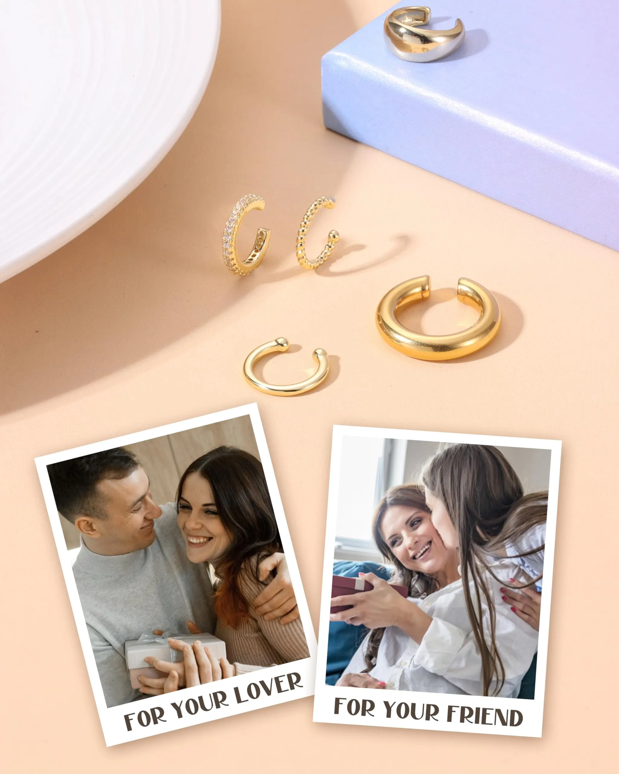 CASSIECA Ear Cuff Orecchini Non Piercing per Donna, Set 5 Pezzi Ipoallergenici per Cartilagine con Zirconi Cubici, Oro - immagine 7