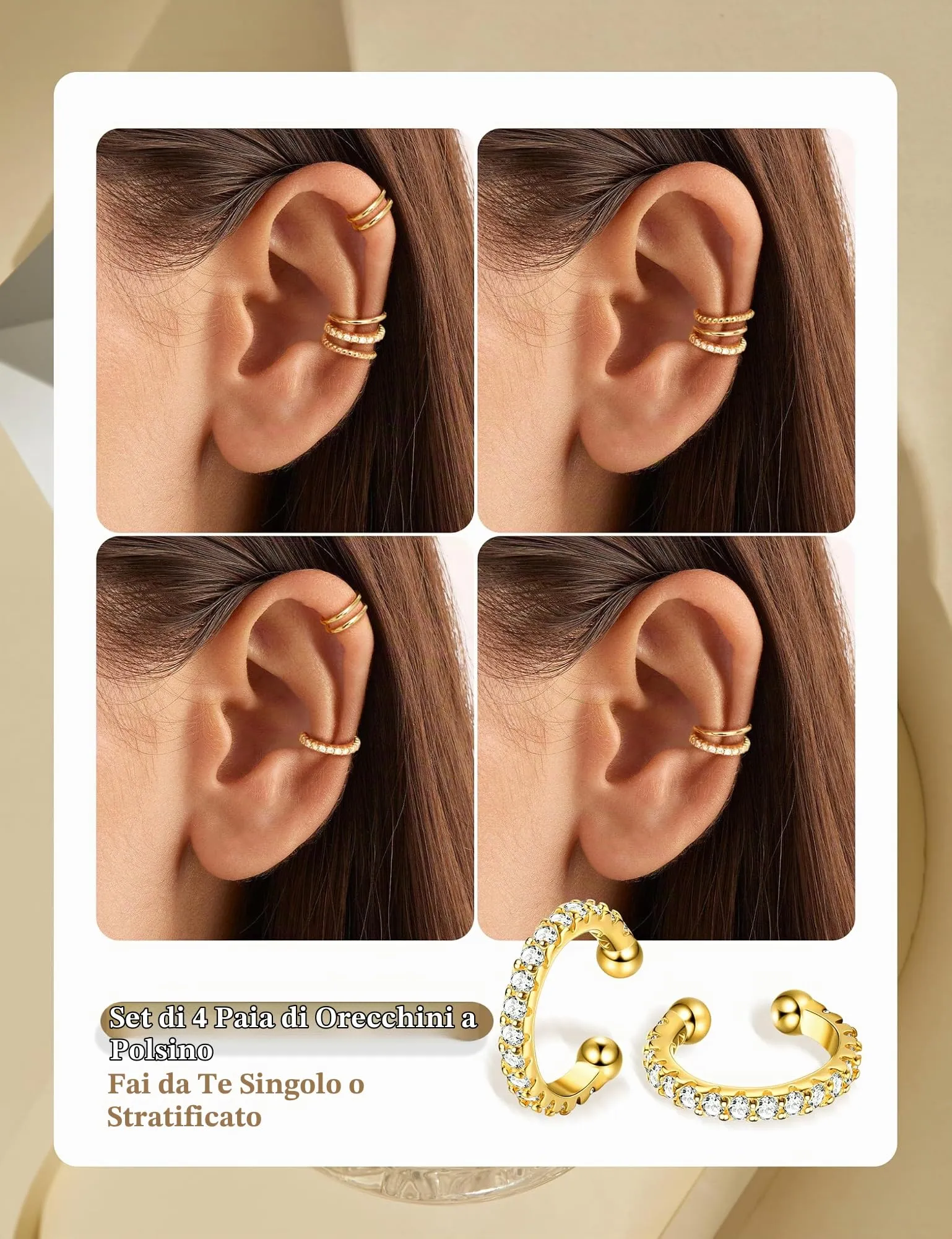 ADRAMATA Ear Cuff Orecchini Senza Buco Donna, 4 Paia Regolabili in Oro 14K e Argento, Ipoallergenici per Cartilagine con Custodia Regalo - immagine 3