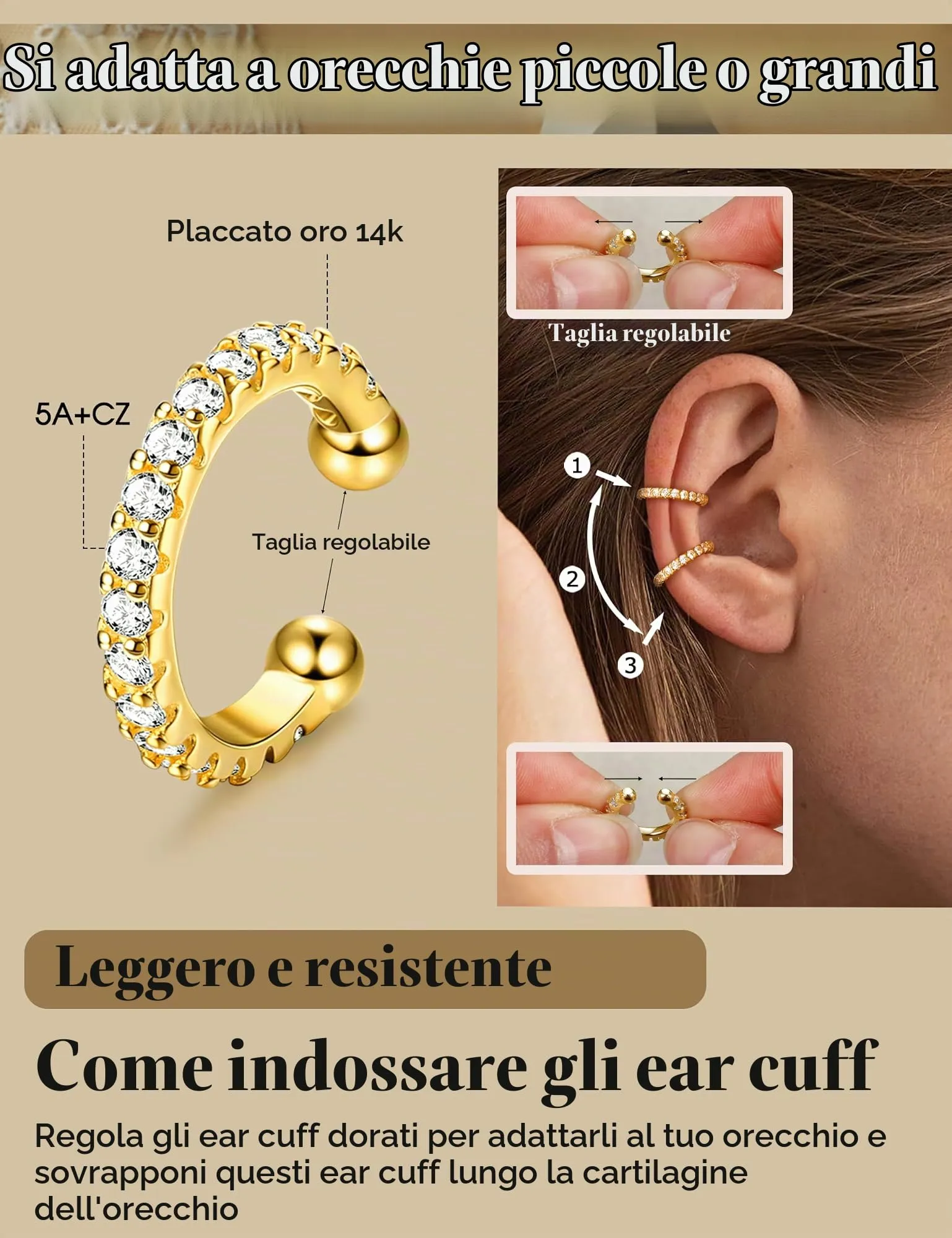 ADRAMATA Ear Cuff Orecchini Senza Buco Donna, 4 Paia Regolabili in Oro 14K e Argento, Ipoallergenici per Cartilagine con Custodia Regalo - immagine 5