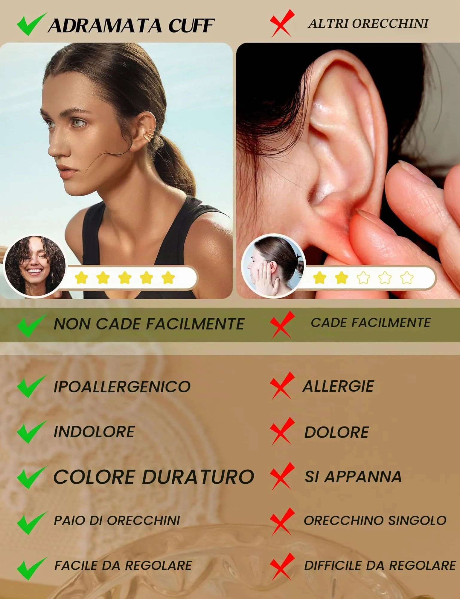 ADRAMATA Ear Cuff Orecchini Senza Buco Donna, 4 Paia Regolabili in Oro 14K e Argento, Ipoallergenici per Cartilagine con Custodia Regalo - immagine 6