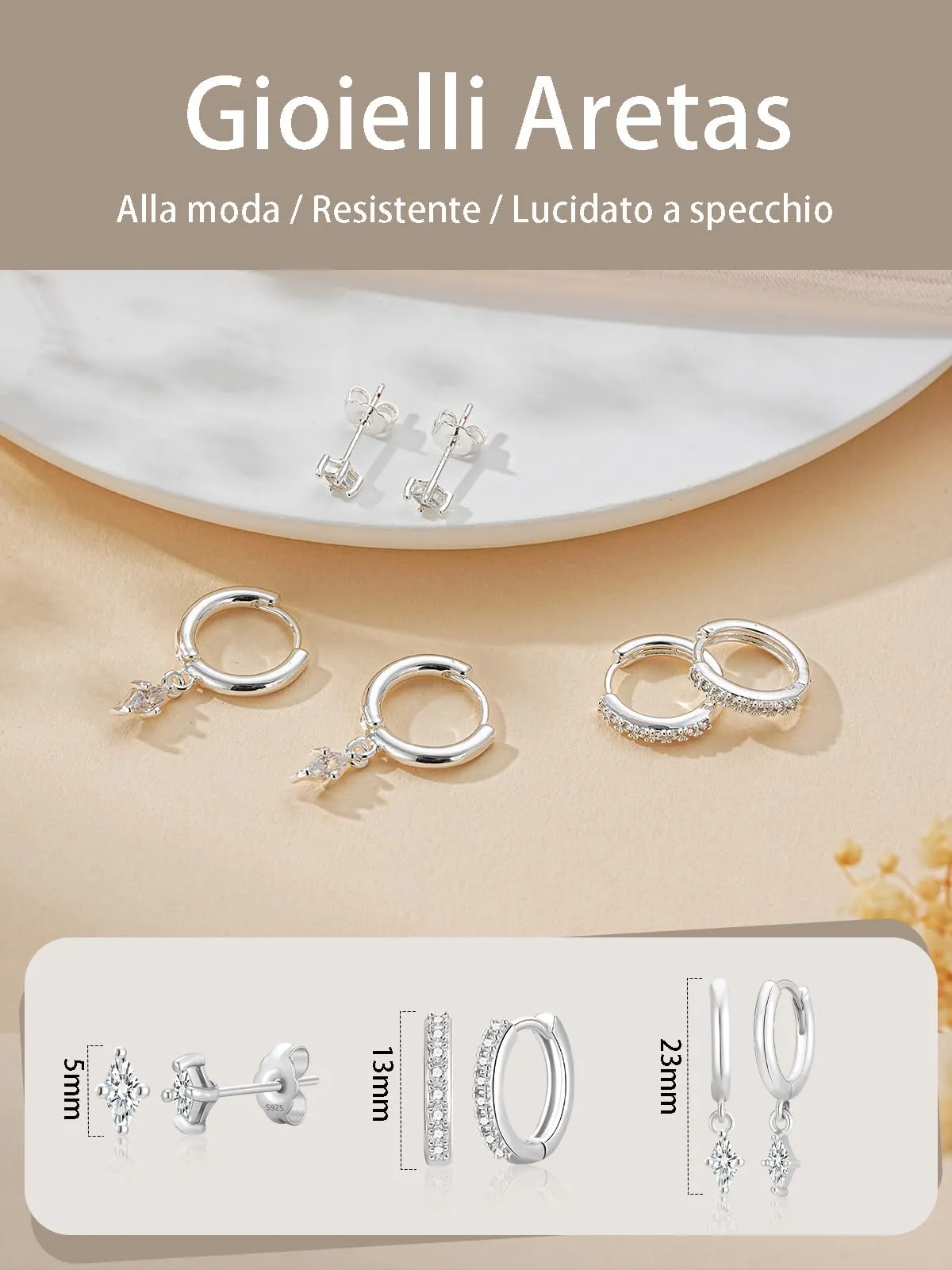 Aretas Set di 3 Paia di Orecchini a Cerchio in Argento Sterling 925 per Donna - immagine 4
