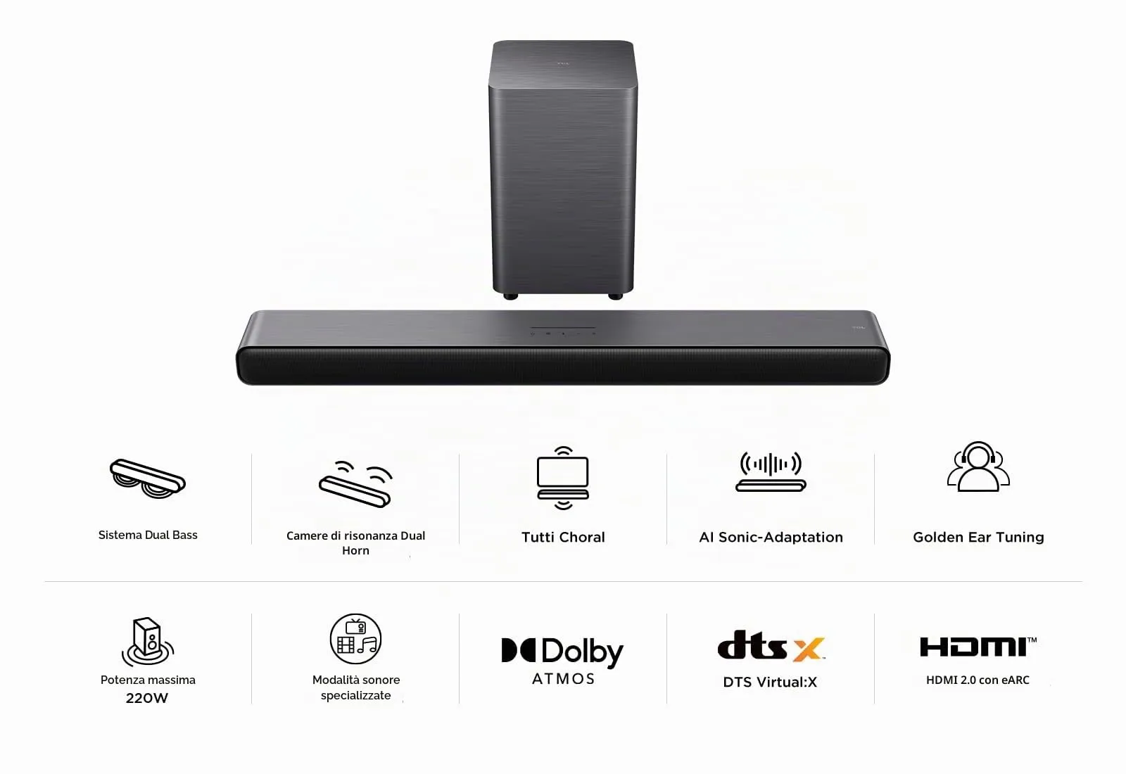 TCL S55HE Soundbar 2.1, 220W, Dolby Atmos, DTS Virtual:X, Wireless Subwoofer, Bluetooth 5.3, HDMI eARC - immagine 2