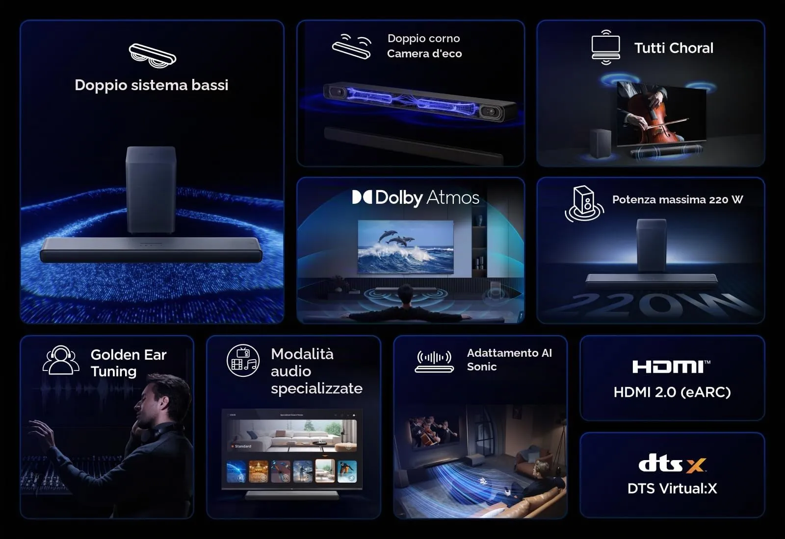 TCL S55HE Soundbar 2.1, 220W, Dolby Atmos, DTS Virtual:X, Wireless Subwoofer, Bluetooth 5.3, HDMI eARC - immagine 5