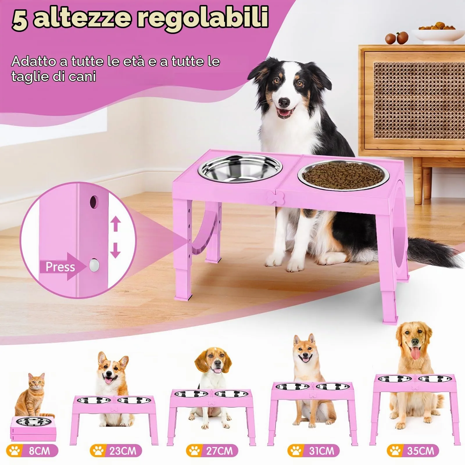 X XBEN Ciotole Rialzate per Cani con 5 Altezze Regolabili, 2 Ciotole in Acciaio Inox da 1200 ml, Pieghevole e Antiscivolo - immagine 2